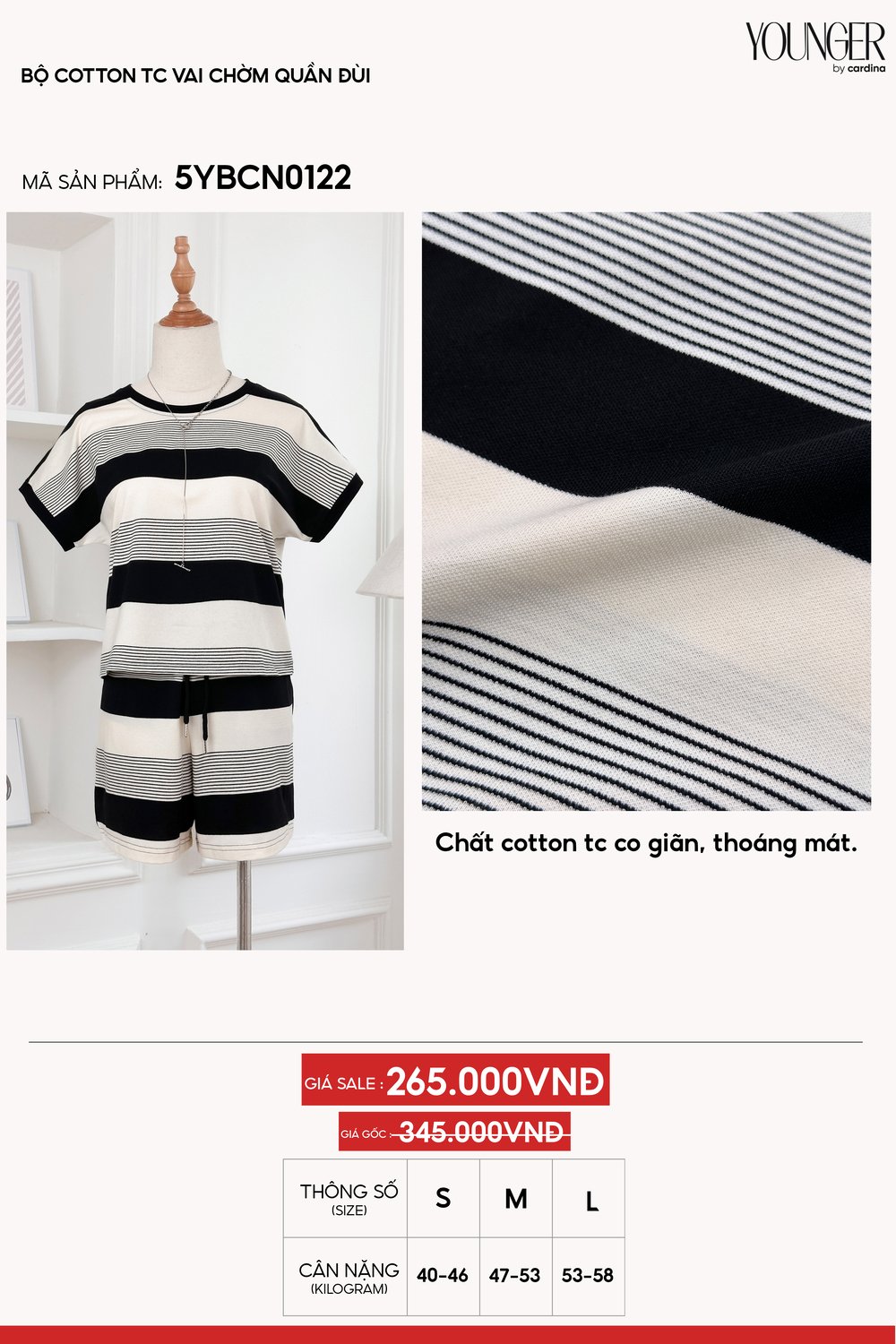 Bộ đùi mặc nhà chất cotton TC vai chờm quần đùi kẻ ngang