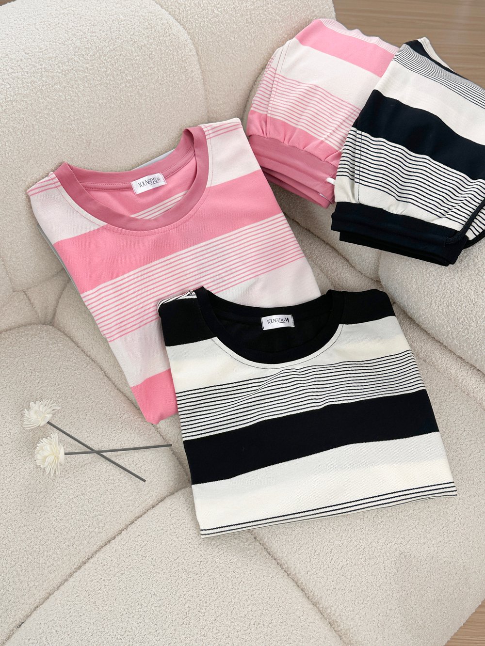 Bộ đùi mặc nhà chất cotton TC vai chờm quần đùi kẻ ngang