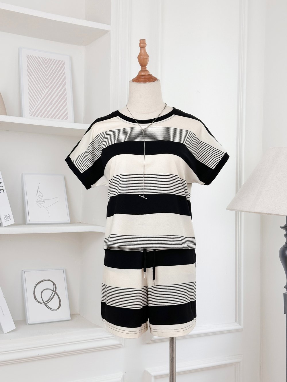 Bộ đùi mặc nhà chất cotton TC vai chờm quần đùi kẻ ngang