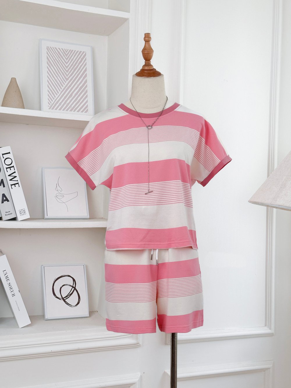 Bộ đùi mặc nhà chất cotton TC vai chờm quần đùi kẻ ngang