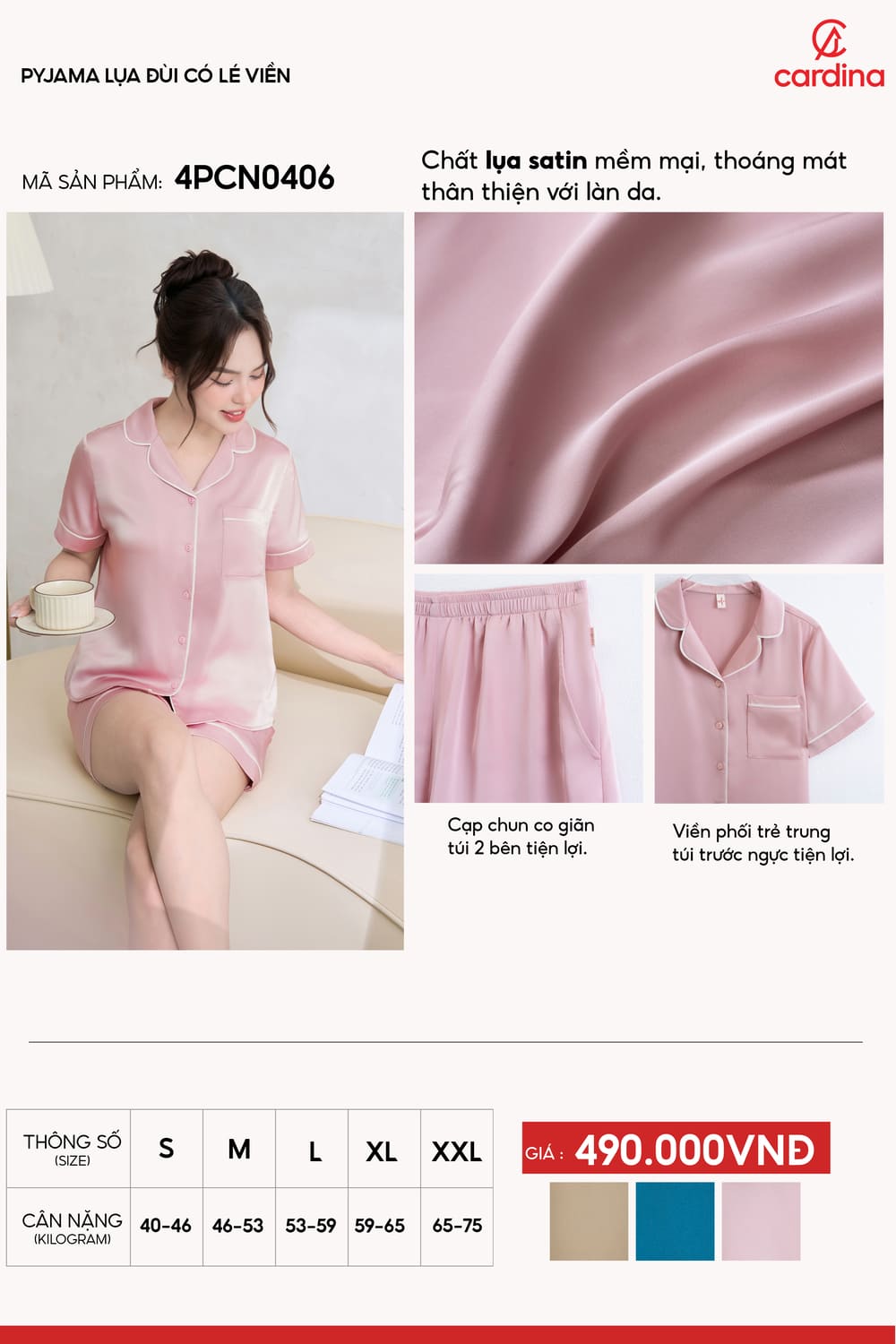 Bộ pyjama đùi mặc nhà nữ chất lụa có lé viền