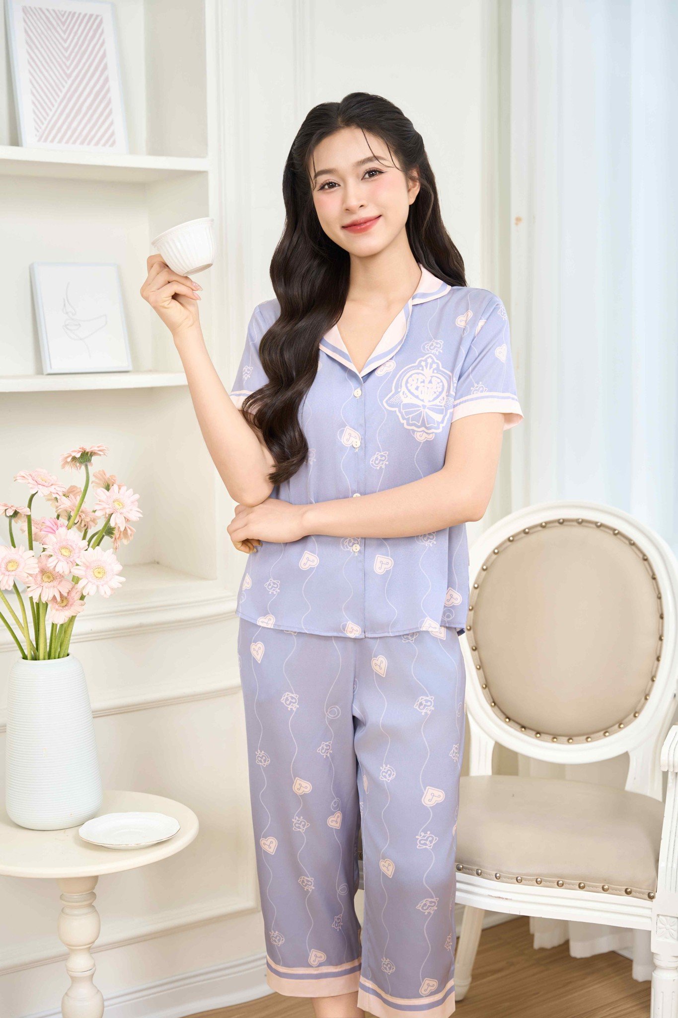 Bộ Pijama cổ 2 ve họa tiết trái tim