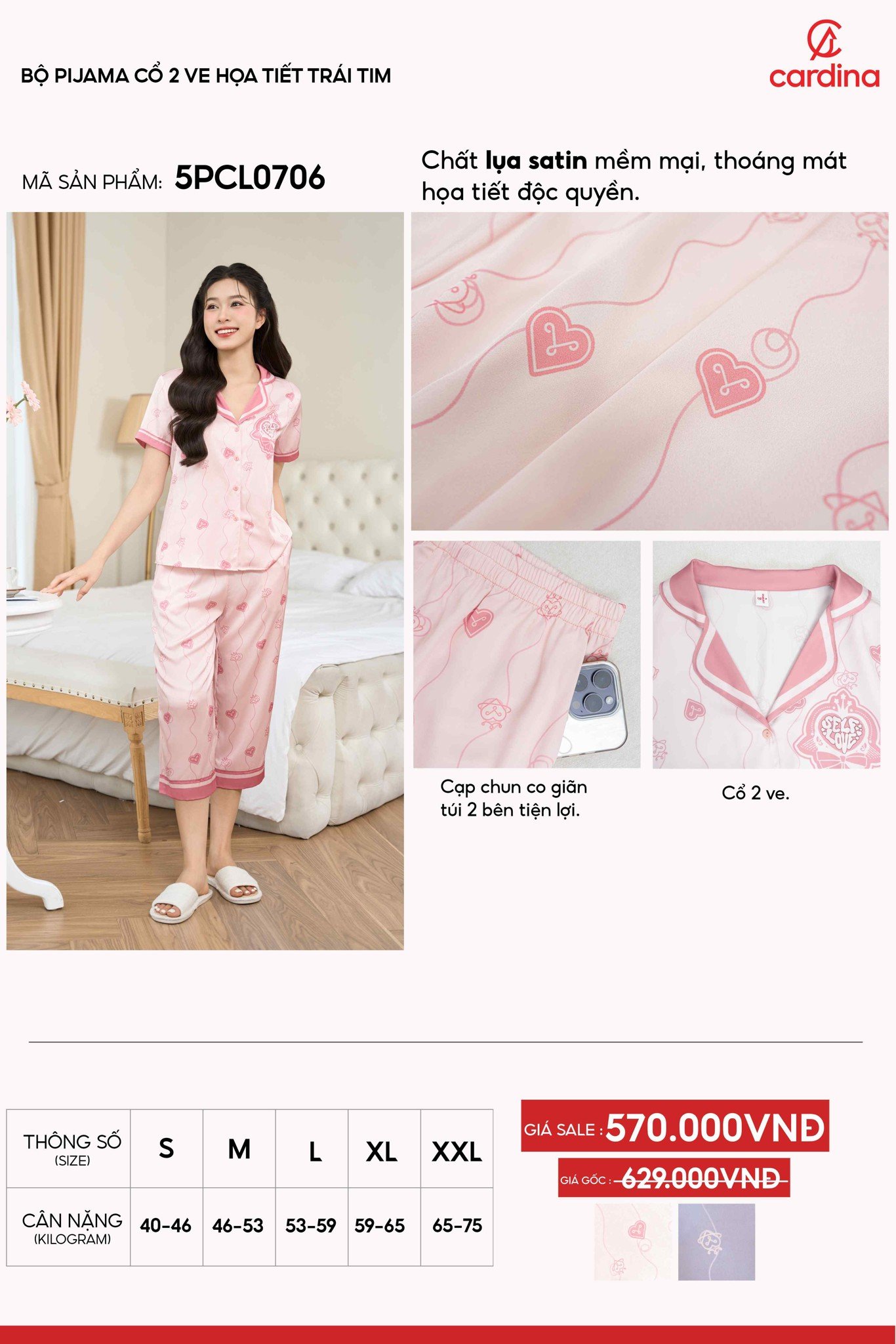 Bộ Pijama cổ 2 ve họa tiết trái tim