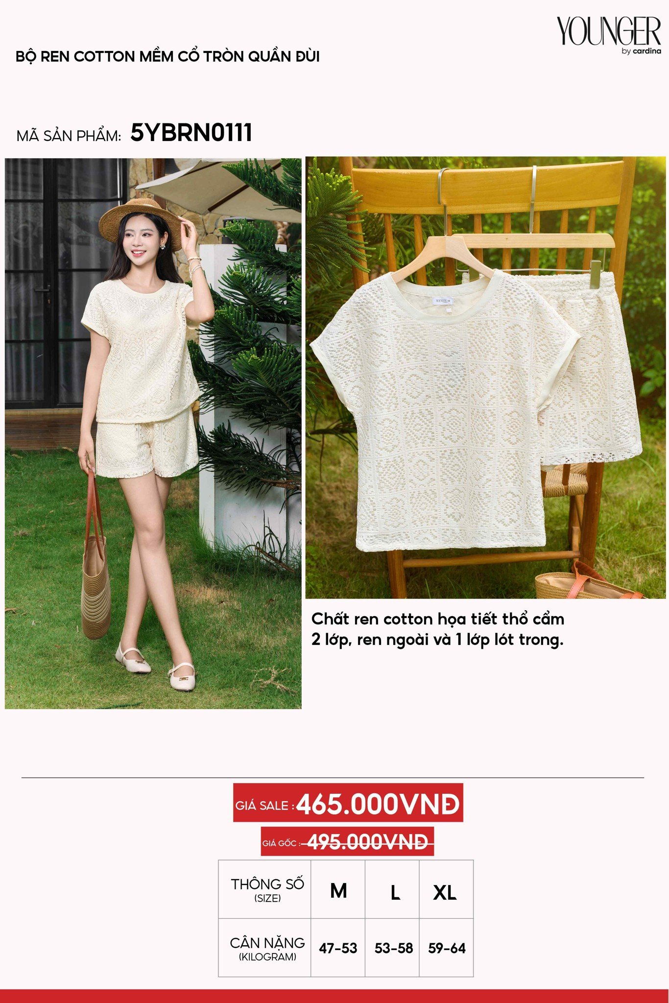 Bộ Đồ Nữ Younger by Cardina Dáng Cổ Tròn Quần Đùi Vải Ren Cotton Họa Tiết Thổ Cẩm