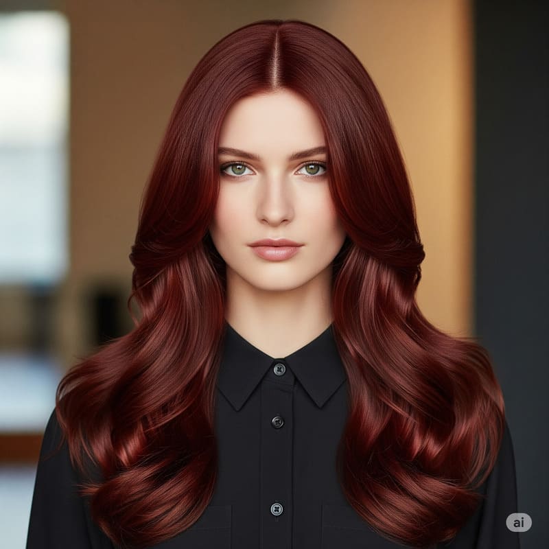 Tóc dài xoăn sóng lơi nhuộm nâu đỏ cherry