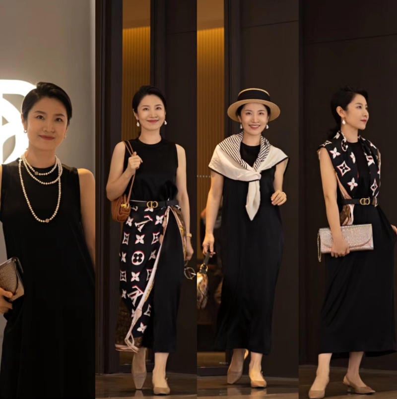 Khăn Lụa + Váy Đen Dài + Sandal
