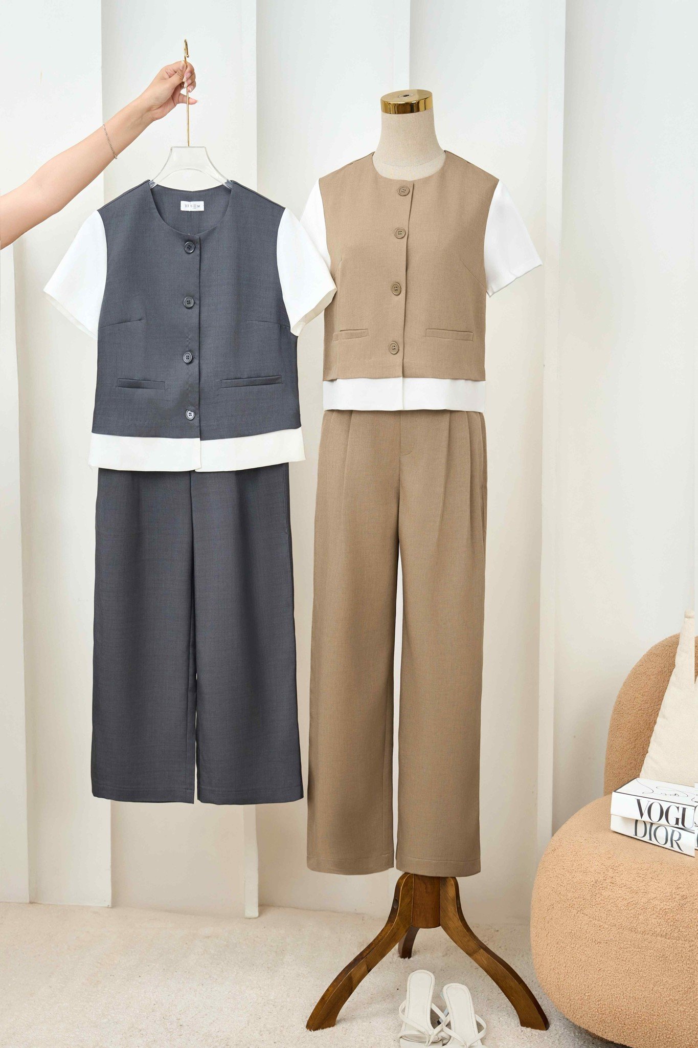 Set bộ nữ Cardina dòng công sở vải chéo Hàn dáng áo gile phối quần ống rộng