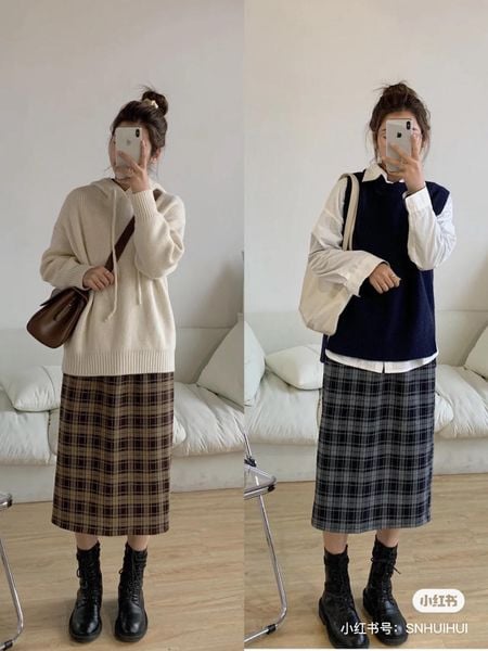 Chân váy dài chất dạ Quảng Châu Chân váy kẻ caro dáng suông vintage phong  cách Hàn Quốc  MixASale
