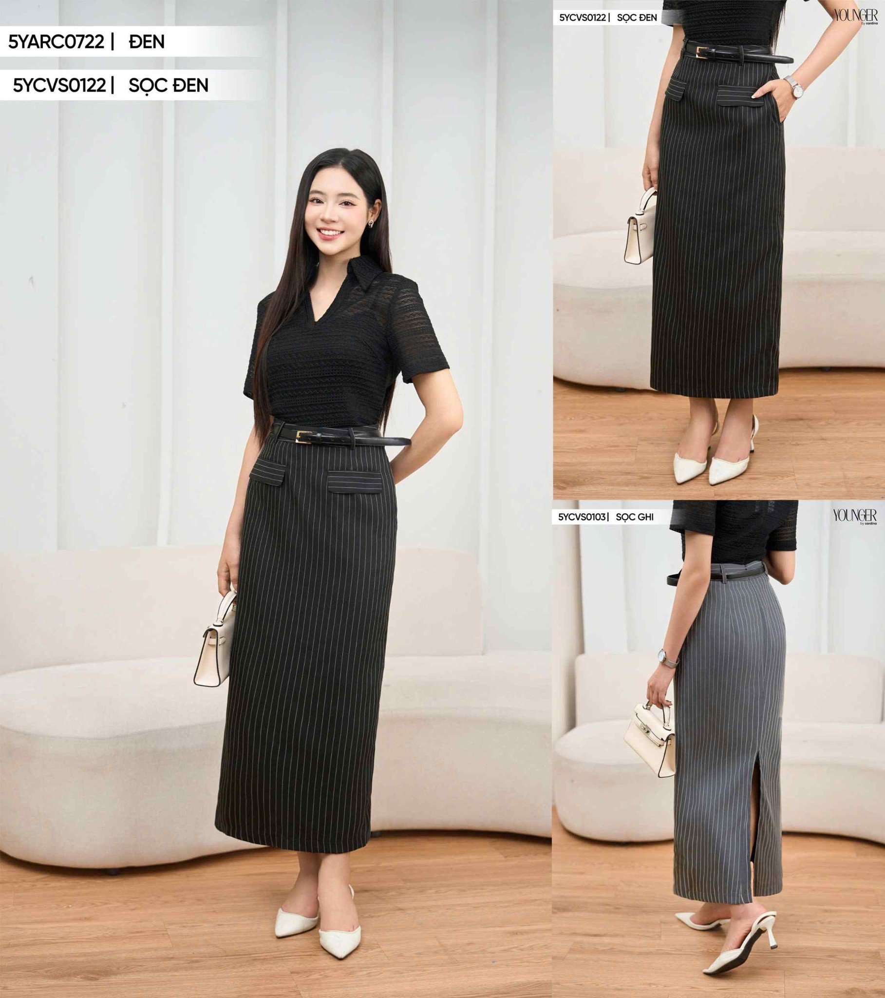 Chân váy nữ Cardina dòng Younger vải tuyết si thiết kế kẻ sọc dáng Midi túi giả