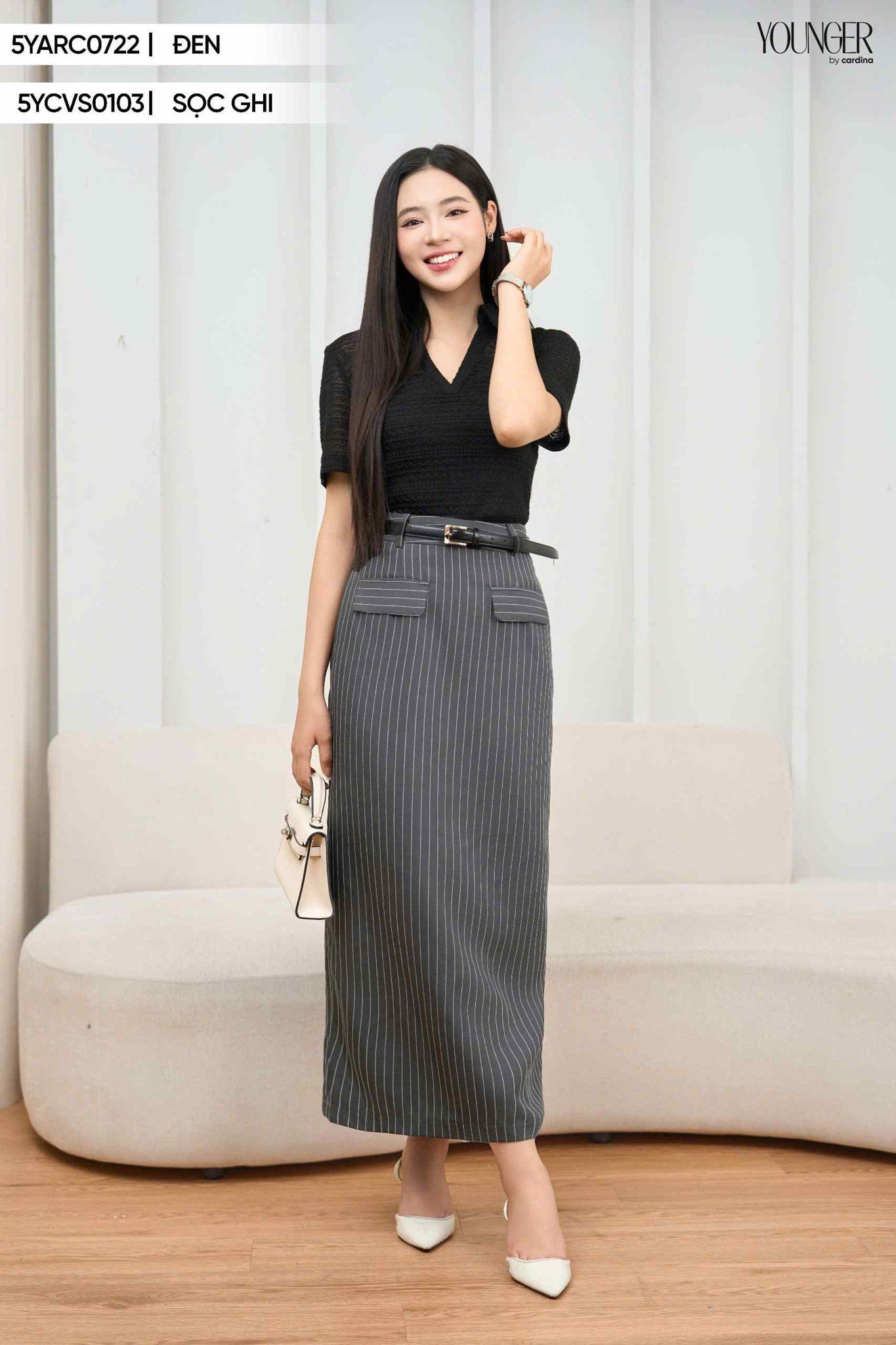 Chân váy nữ Cardina dòng Younger vải tuyết si thiết kế kẻ sọc dáng Midi túi giả