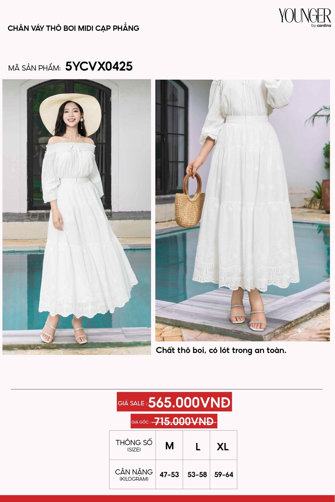Chân Váy Thô Boi Nữ Younger by Cardina Dáng Midi Cạp Phẳng Chất Thô Boi