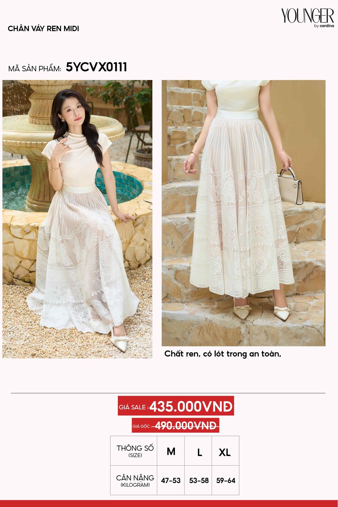 Chân váy Cardina Younger vải ren dáng midi có lót trong