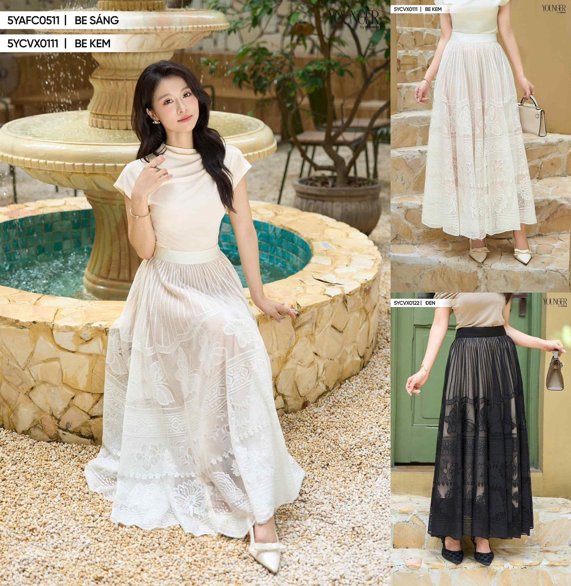 Chân váy Cardina Younger vải ren dáng midi có lót trong