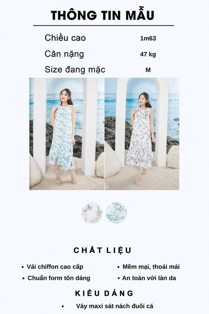 ĐẦM SUÔNG ĐUÔI CÁ LA MỘC HỌA TIẾT KHUNG TAY SÁT NÁCH  Maxivic Fashion