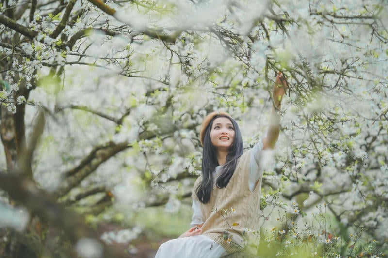 Dáng ngồi tựa vào gốc cây mận