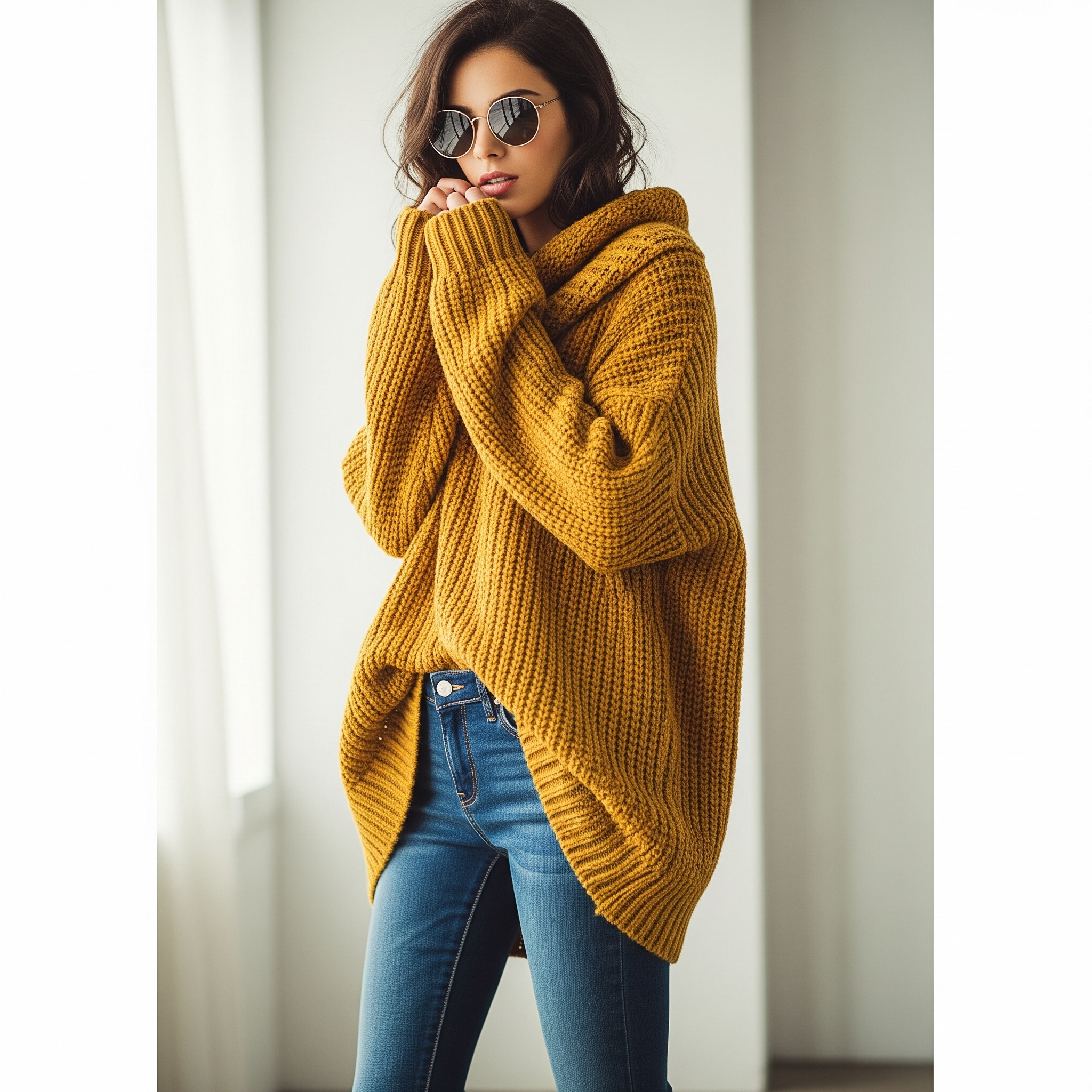 Outfit 9: Phá cách và hiện đại cùng áo len oversized màu vàng nghệ và quần jeans