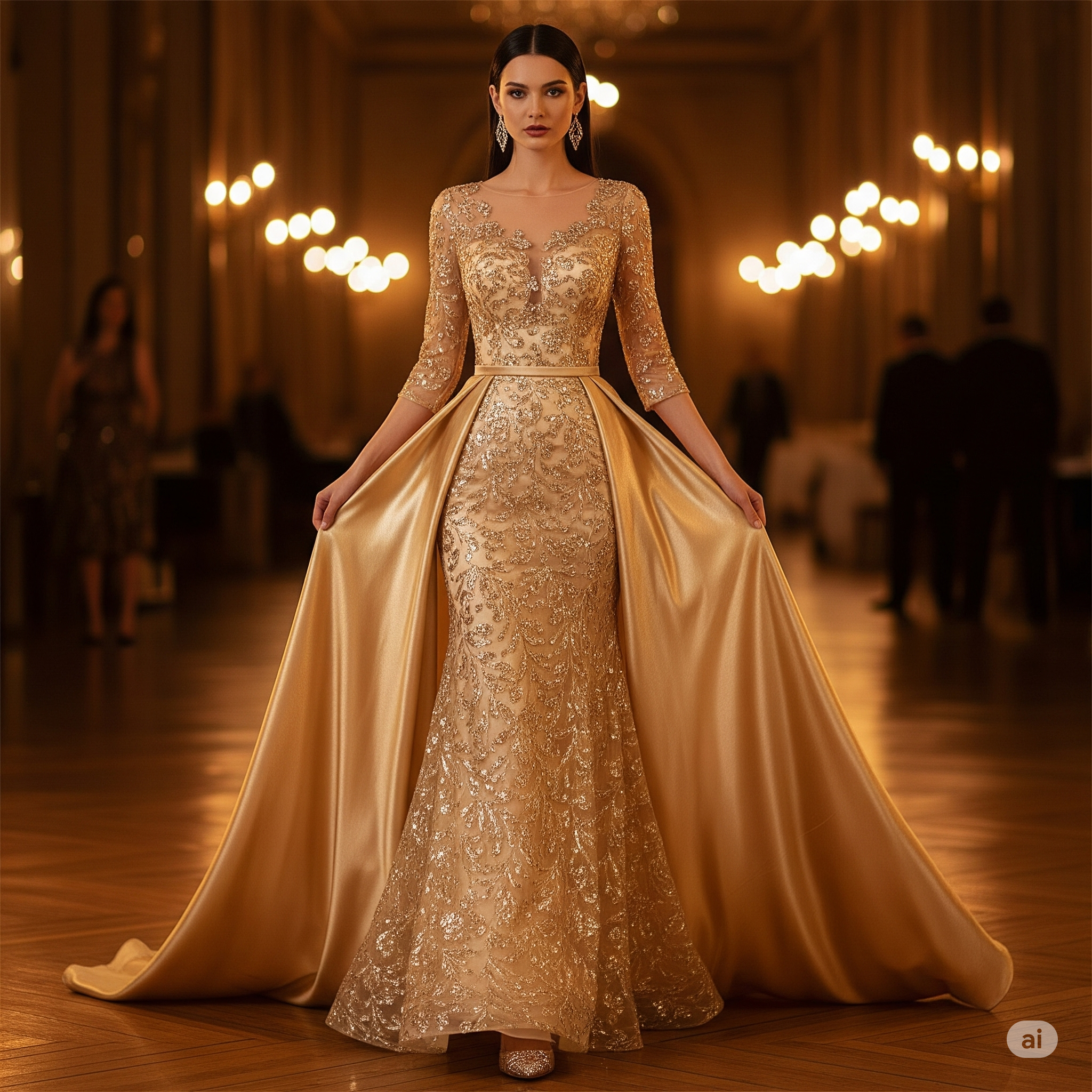 Outfit 1: Quyền lực và tỏa sáng với đầm vàng gold dự tiệc