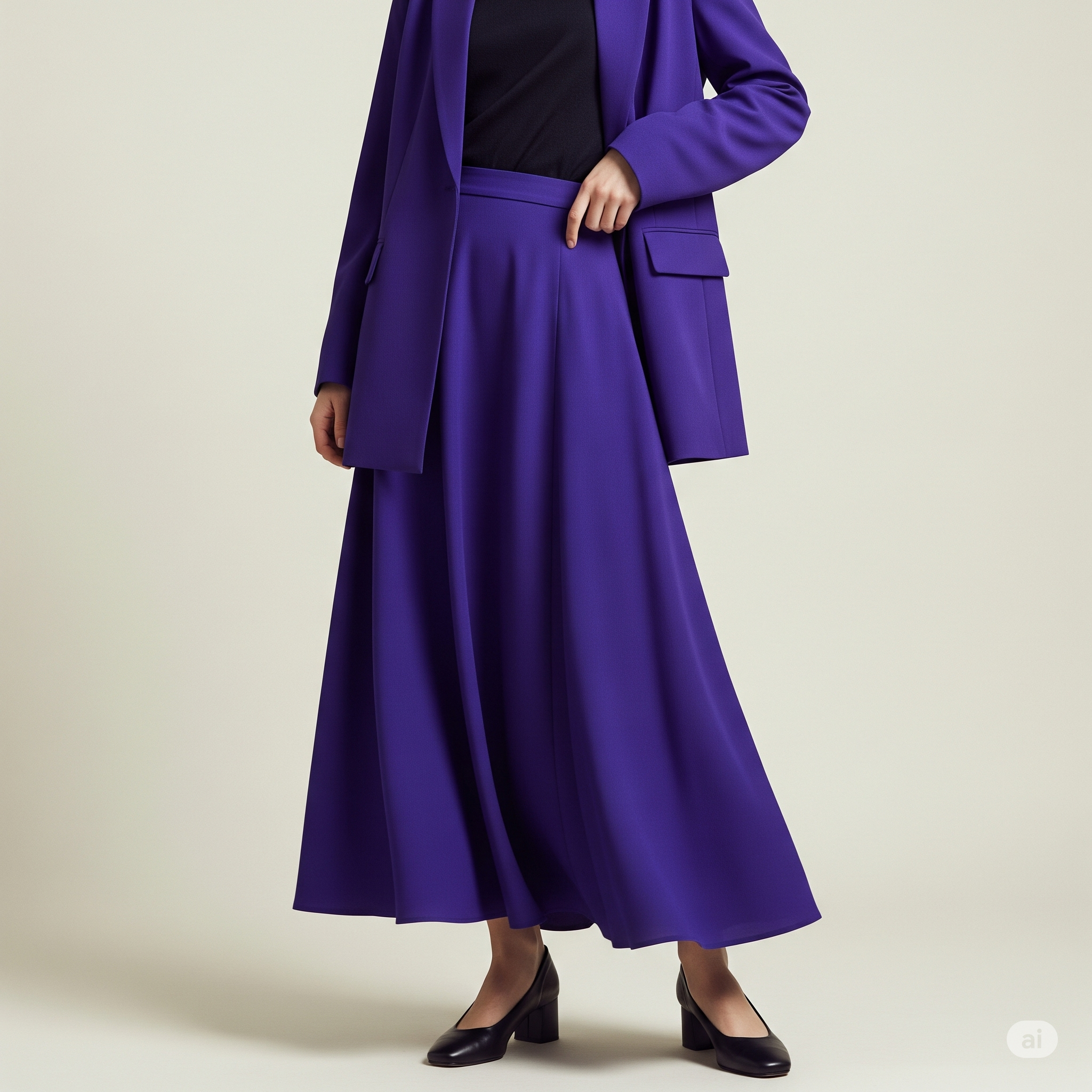 Outfit 4: Thanh lịch và bí ẩn với chân váy/áo blazer màu tím hoàng gia