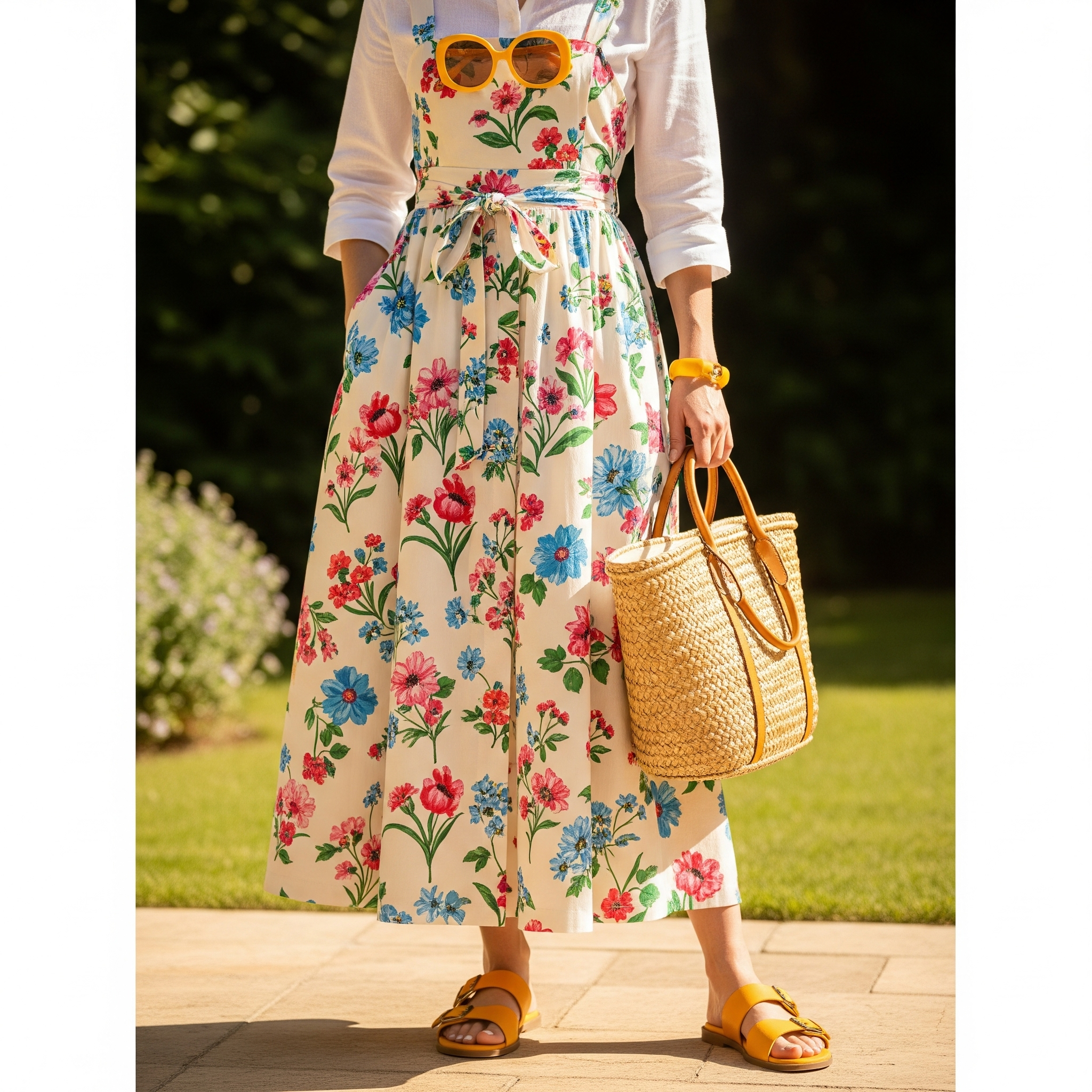 Outfit 5: Rạng rỡ ngày hè với họa tiết hoa lá trên nền màu kem kết hợp phụ kiện vàng/cam