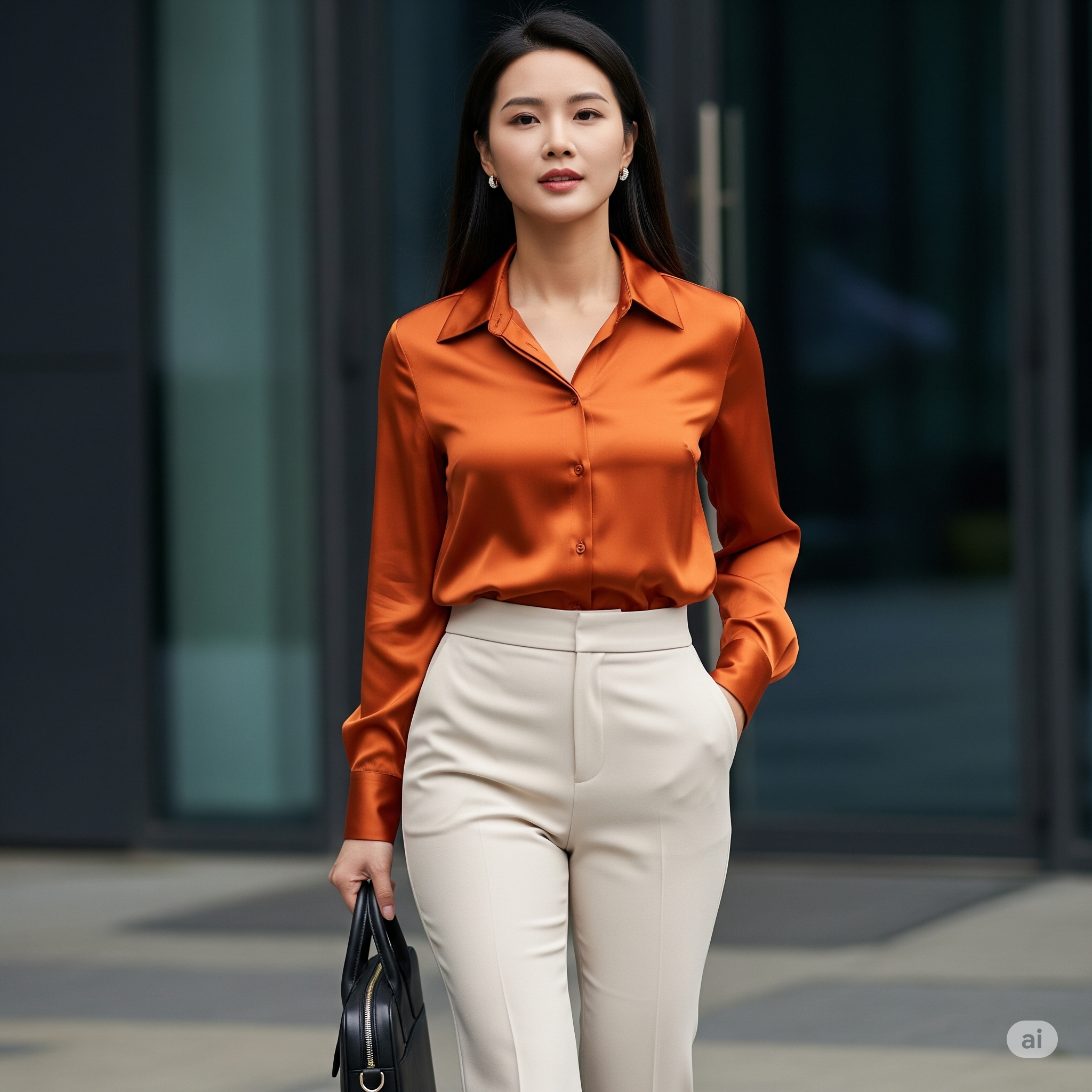 Outfit 7: Sang trọng chốn công sở với sơ mi lụa màu cam đất và quần tây trắng/kem