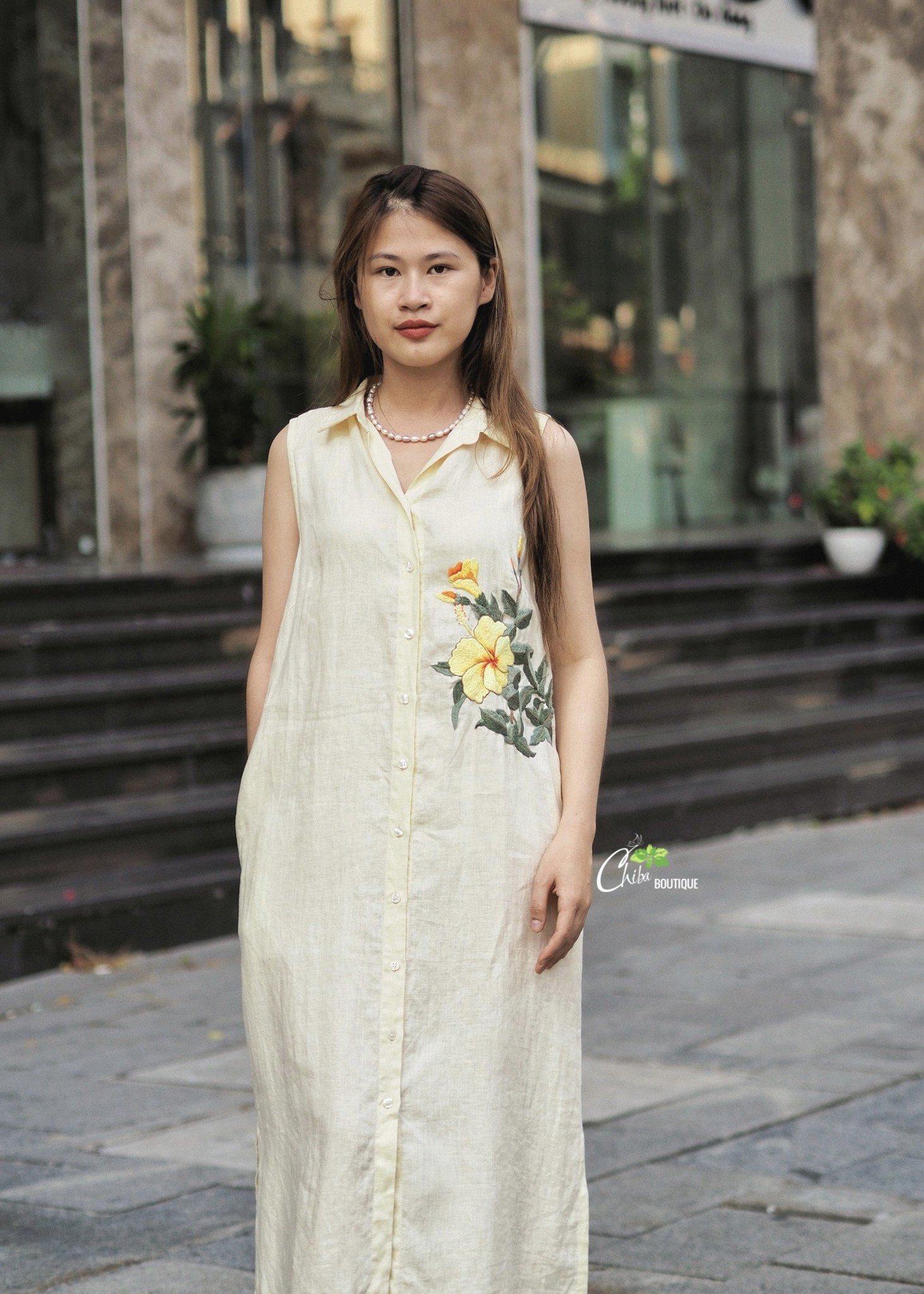 Đầm Linen Hoa Cổ V (Cổ Tim) Dáng A