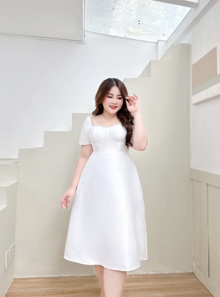 Đầm big size dự tiệc dáng xòe màu đỏ đô trễ vai tay phồng