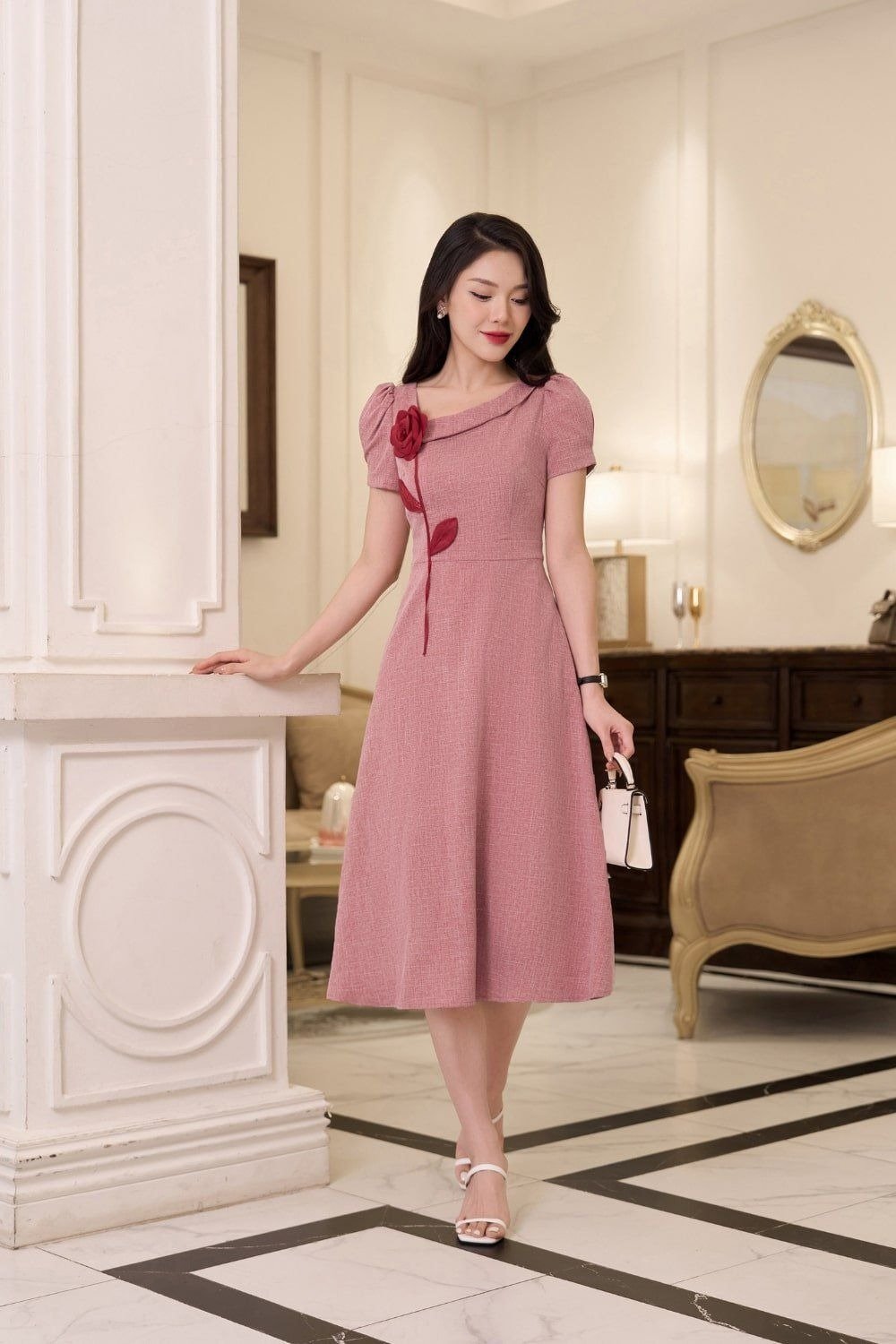 Đầm big size dự tiệc dáng A màu hồng phấn đính hoa 3D