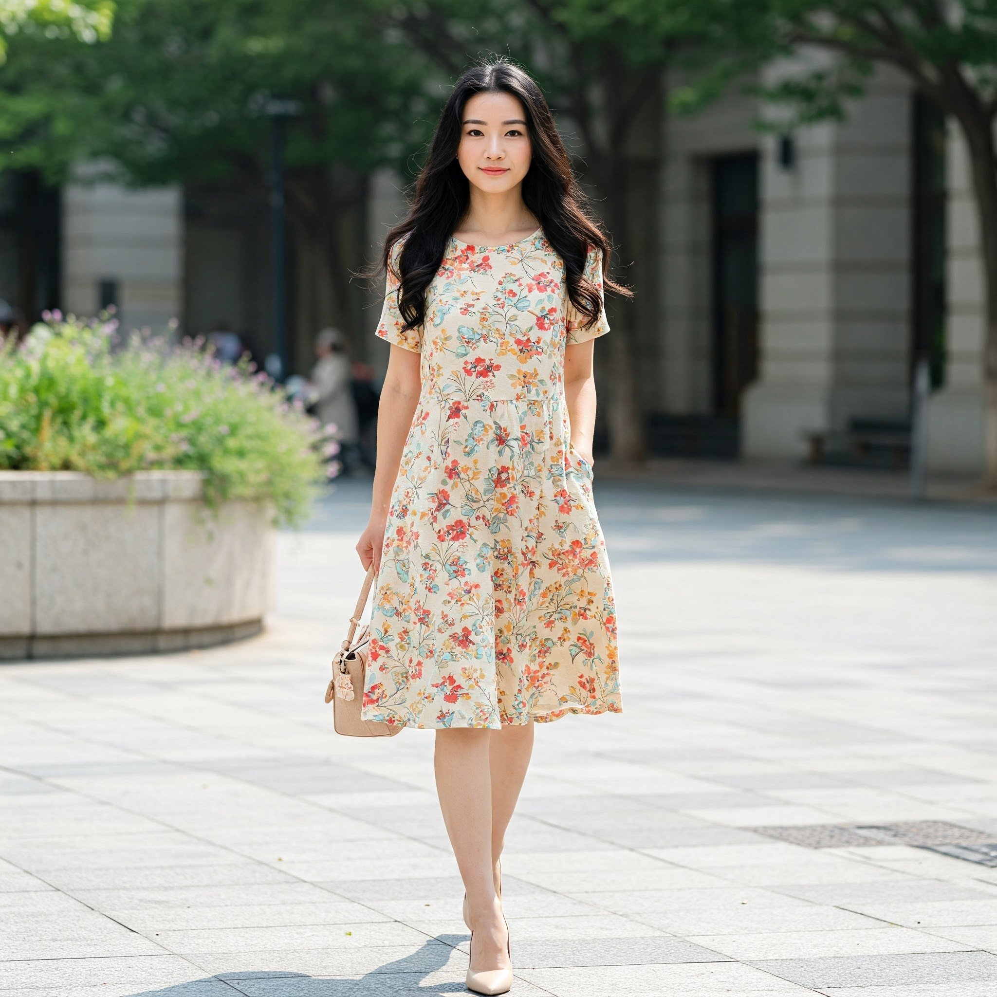 Đầm Linen Họa Tiết 2 Túi