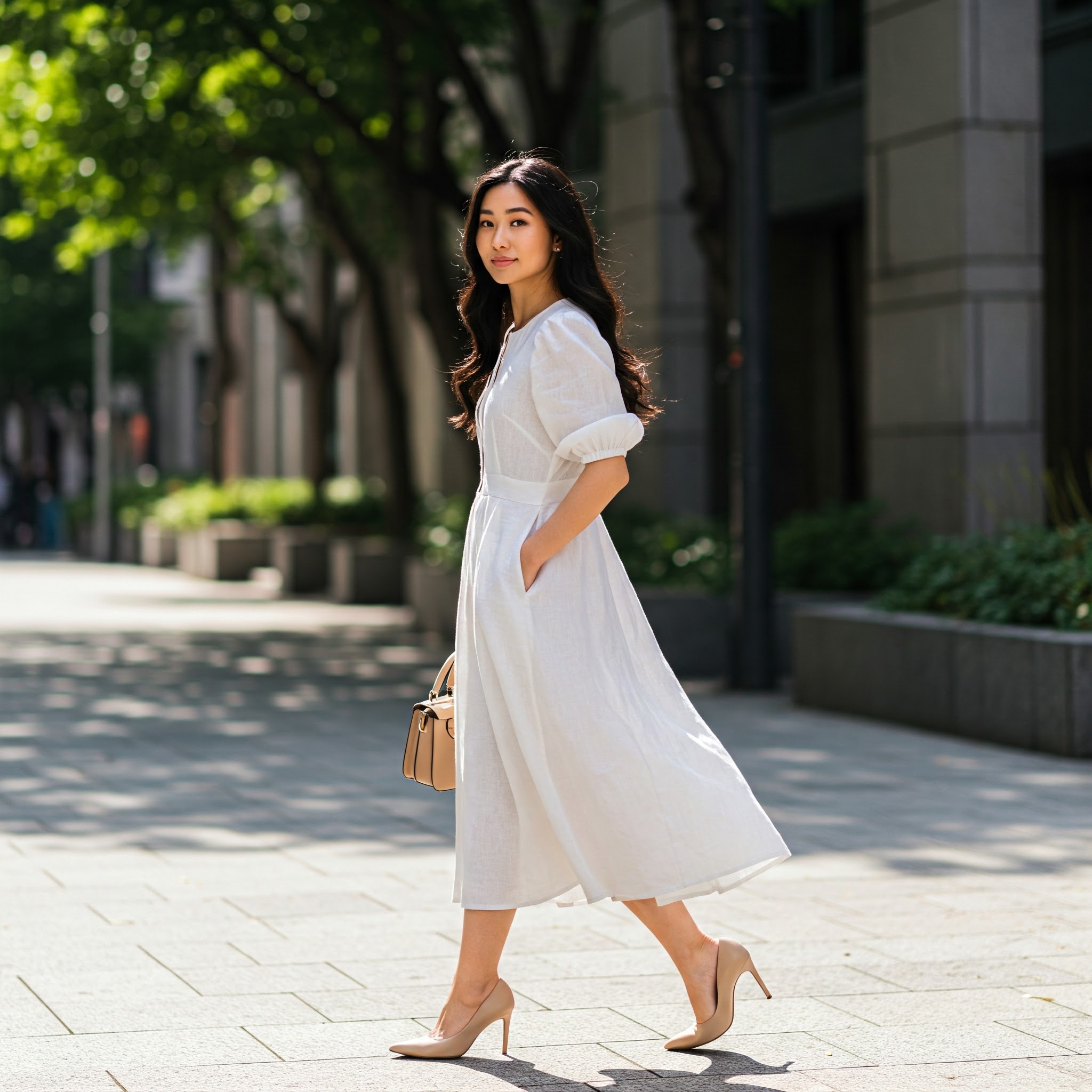 Đầm Linen Tay Phồng 2 Túi