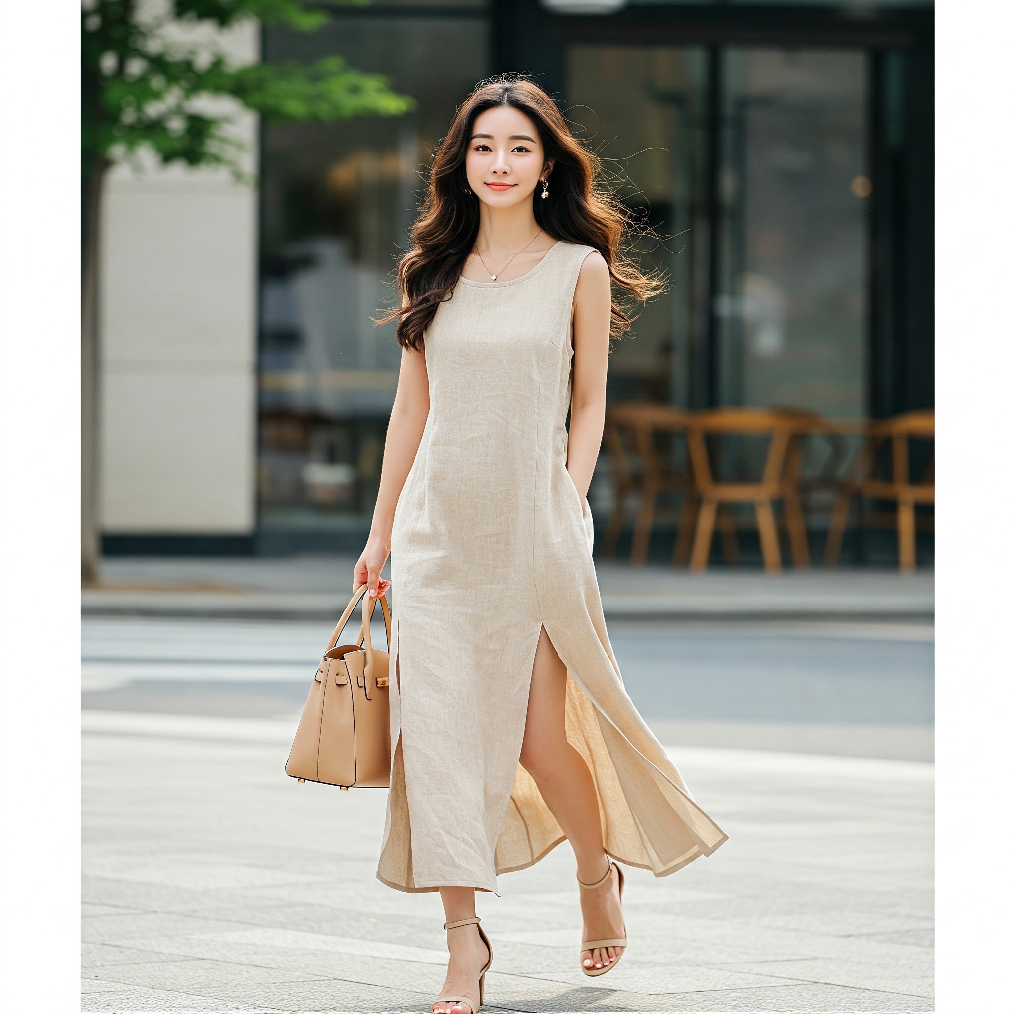 Đầm Linen Cổ V 2 Túi
