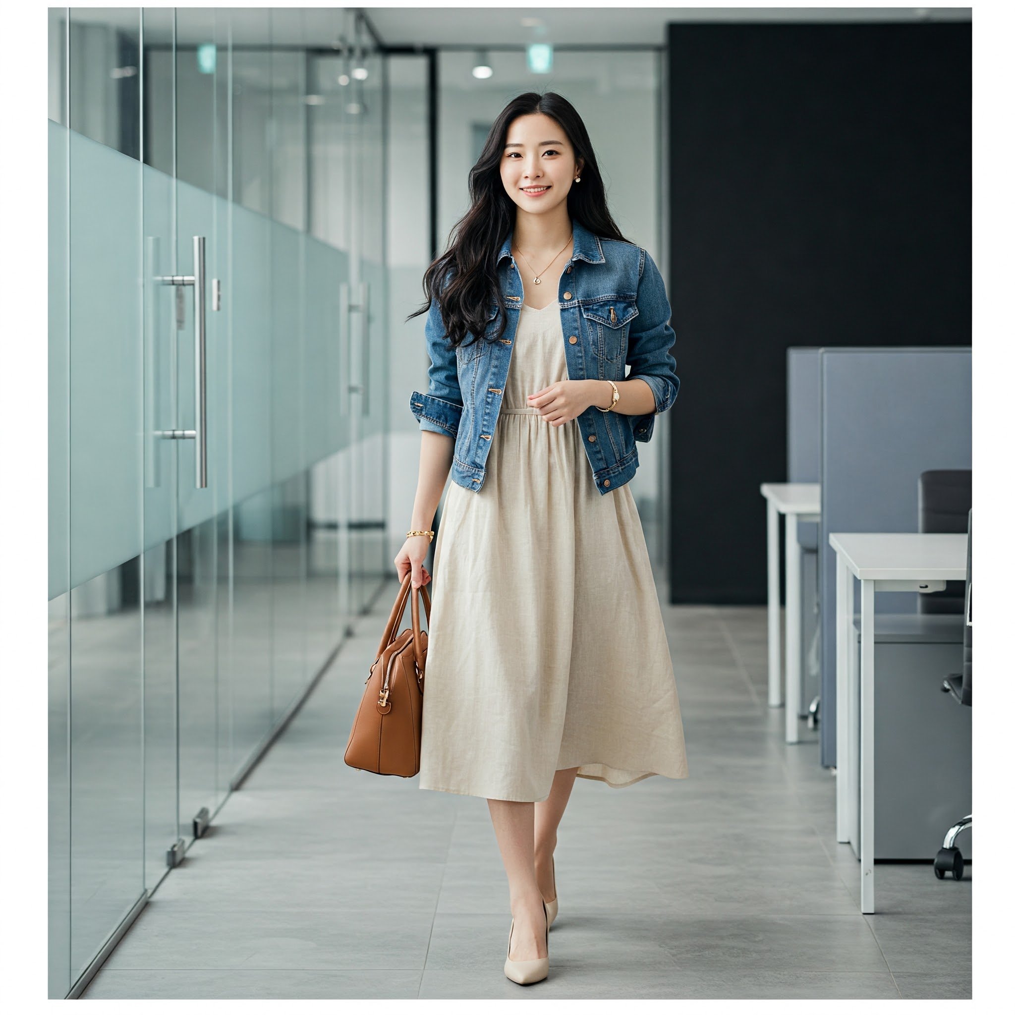 Phối đầm linen dài với áo khoác denim/áo khoác kaki