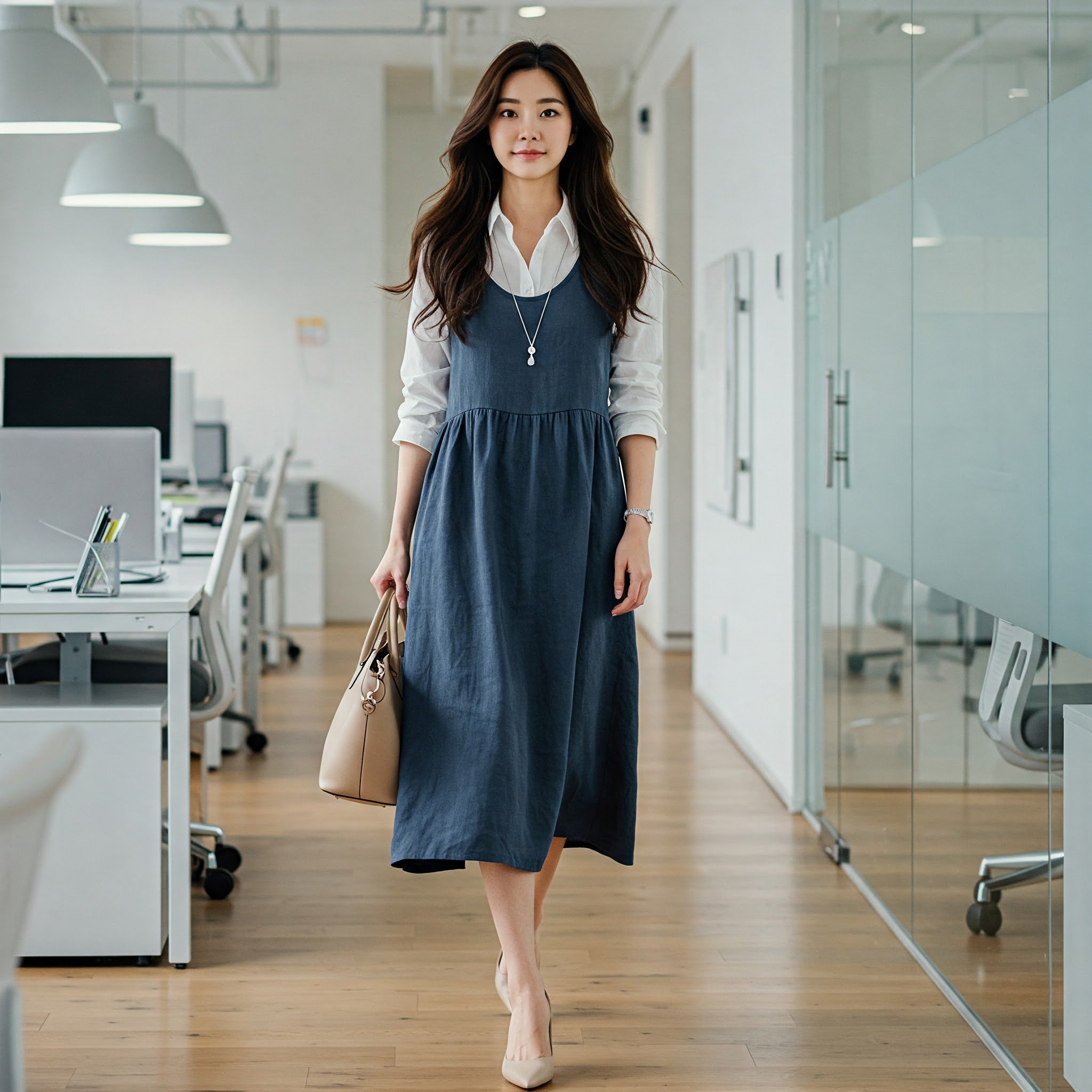 Layer đầm linen dài cùng áo sơ mi trắng bên trong