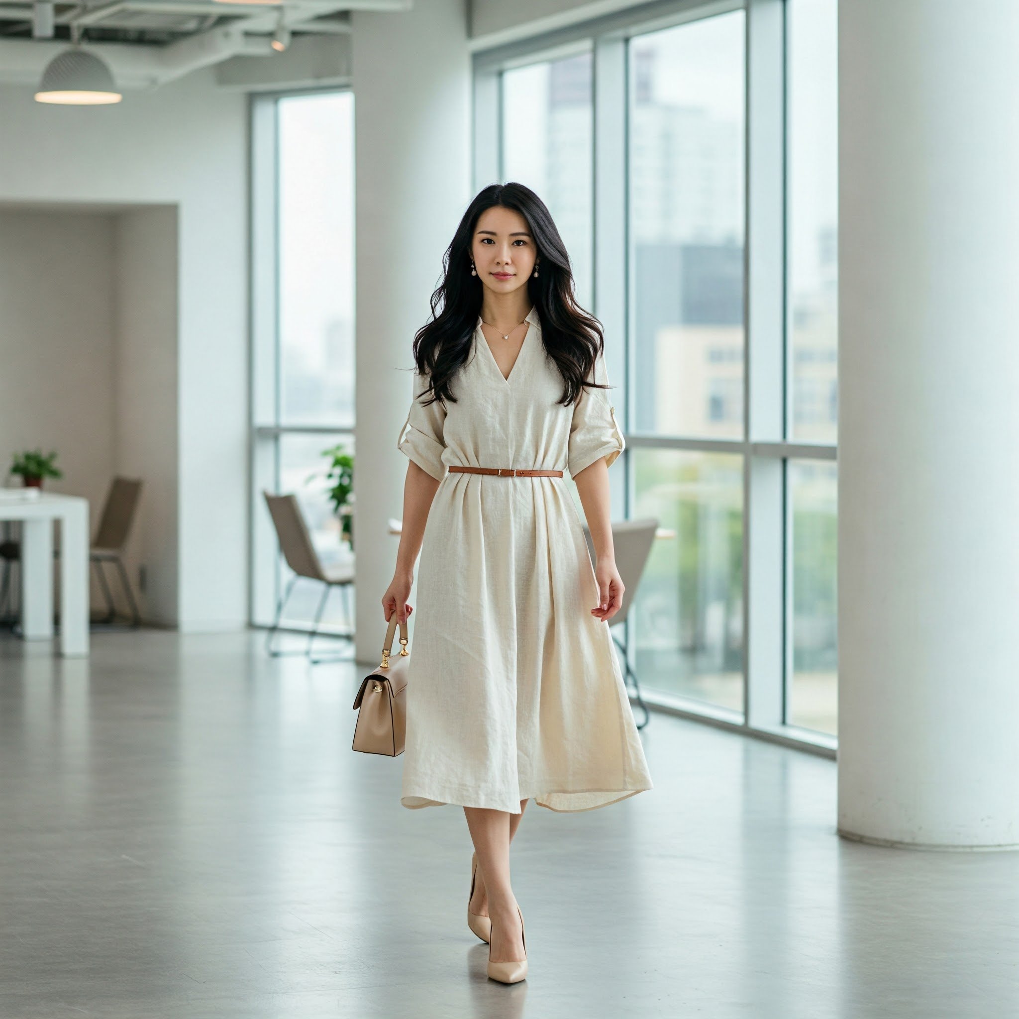 Tạo điểm nhấn eo thon gọn với thắt lưng bản nhỏ khi diện đầm linen dài