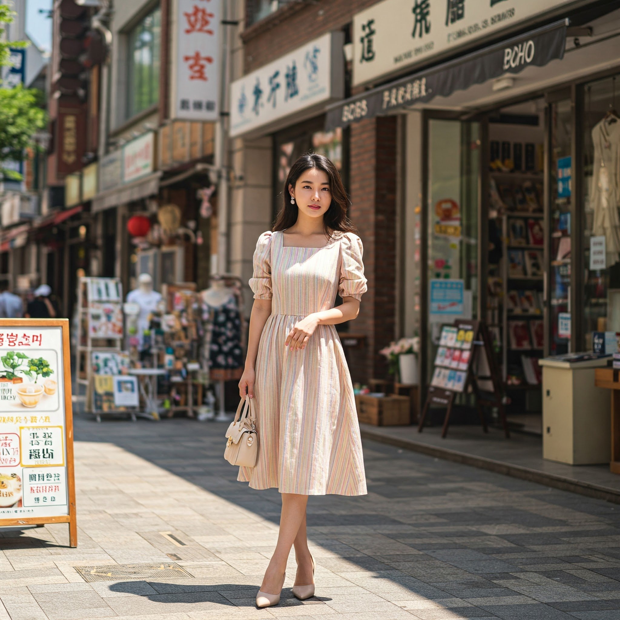Đầm Linen Sọc Pastel Tay Bồng