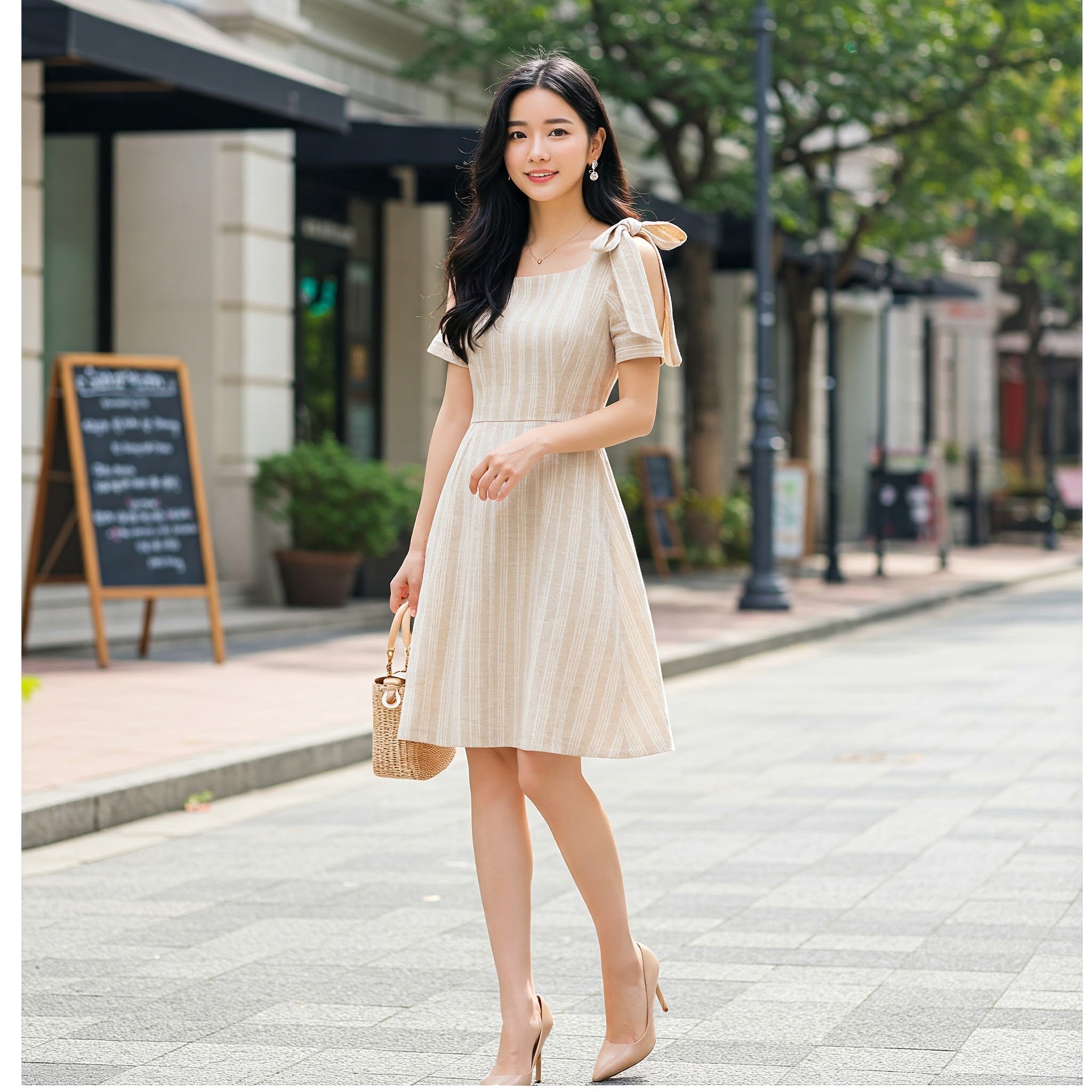 Đầm Linen Sọc Thắt Nơ Vai