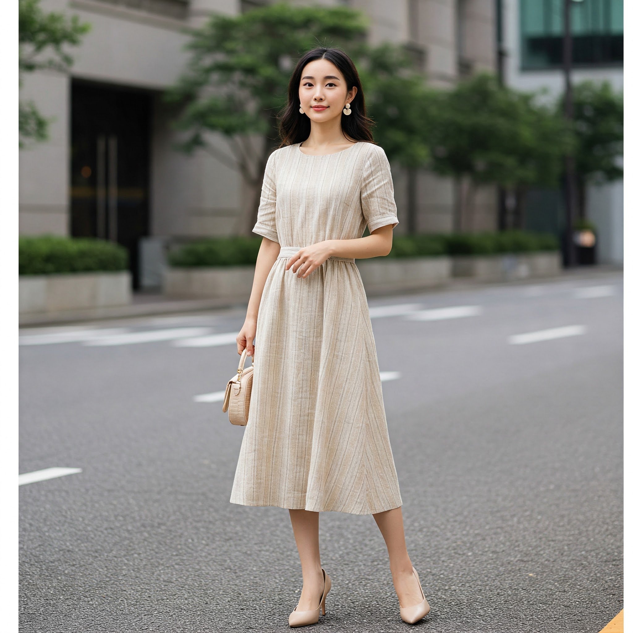 Đầm Linen Sọc Màu Be Dáng Midi