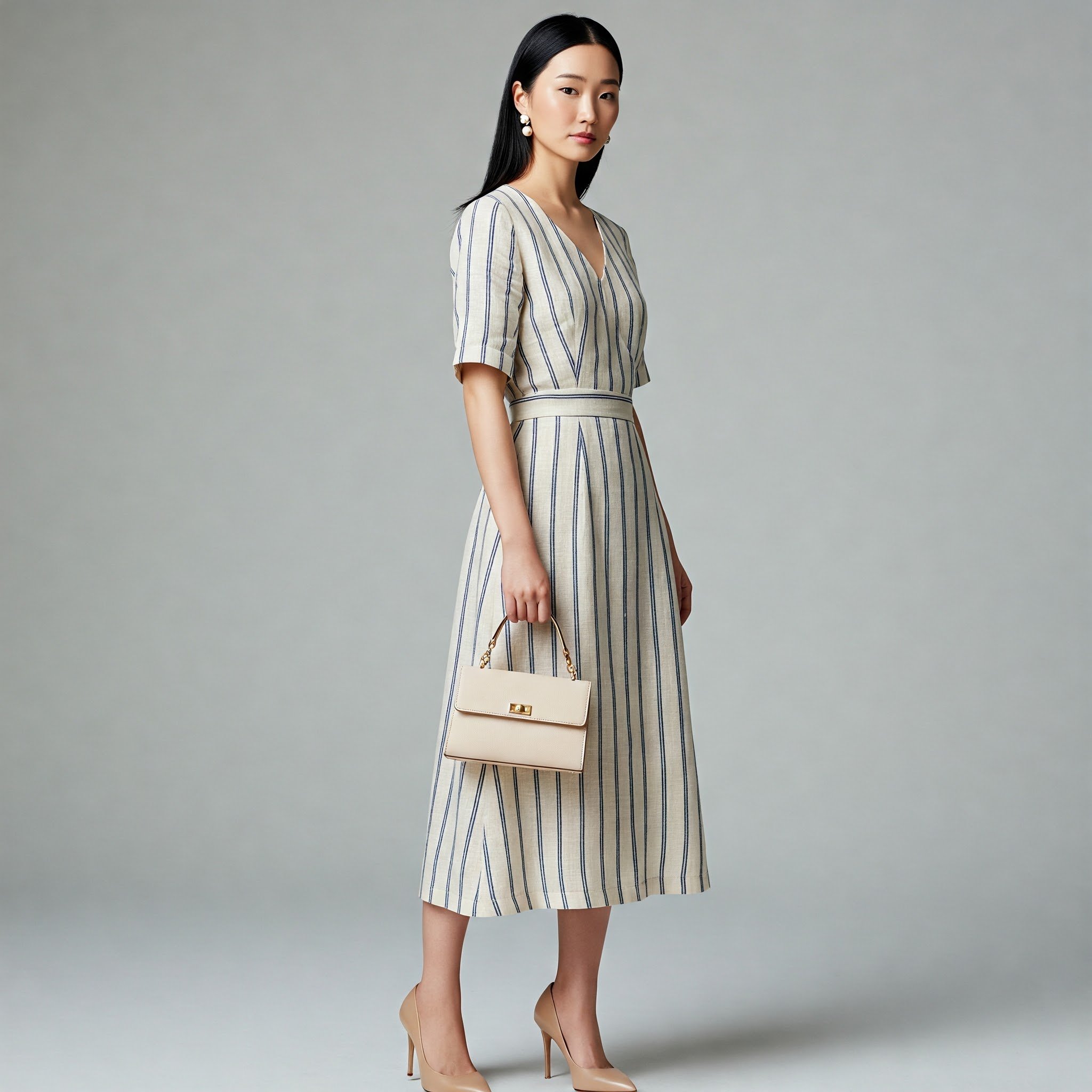 Đầm Linen Sọc Cổ V