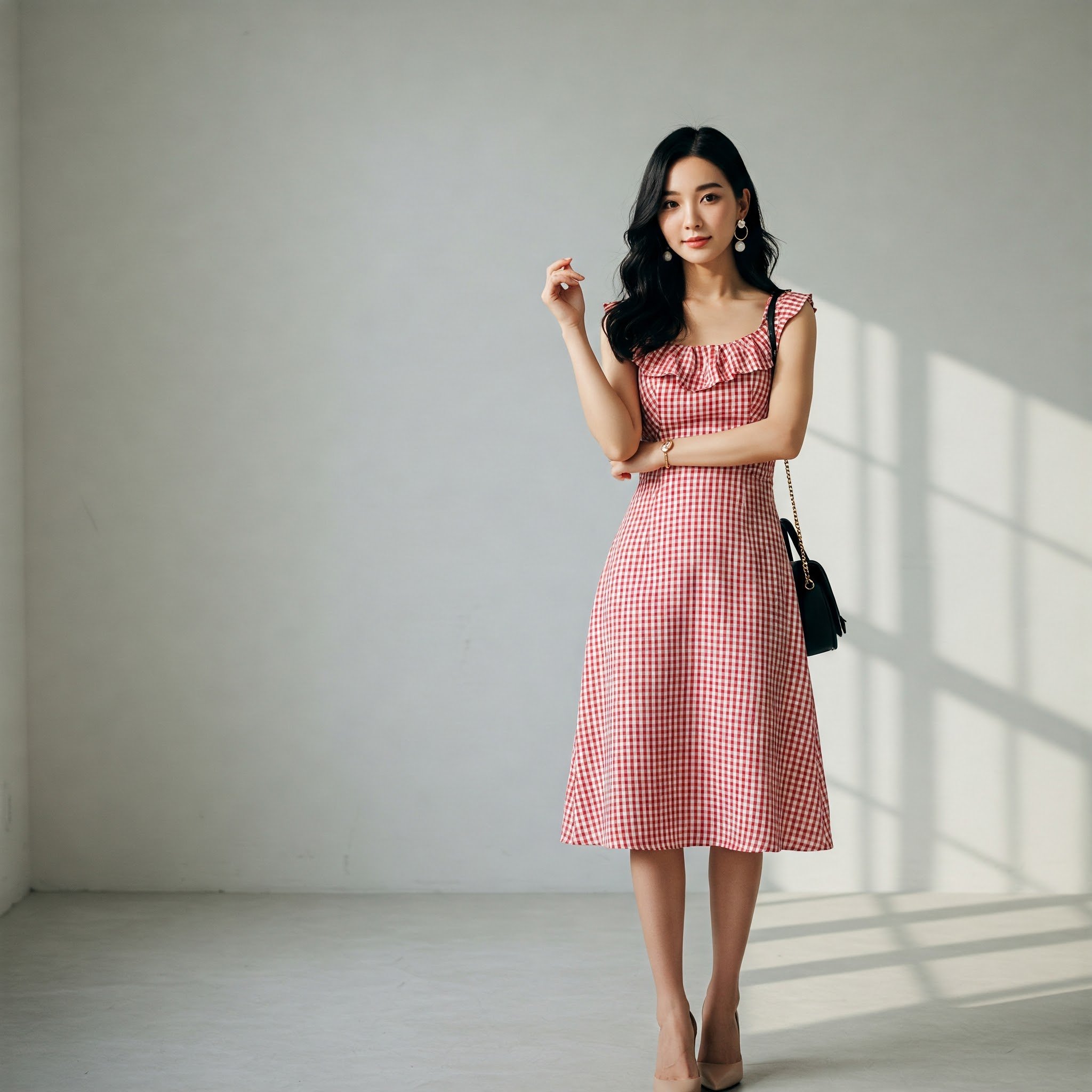 Đầm Linen Sọc Caro Nhún Bèo