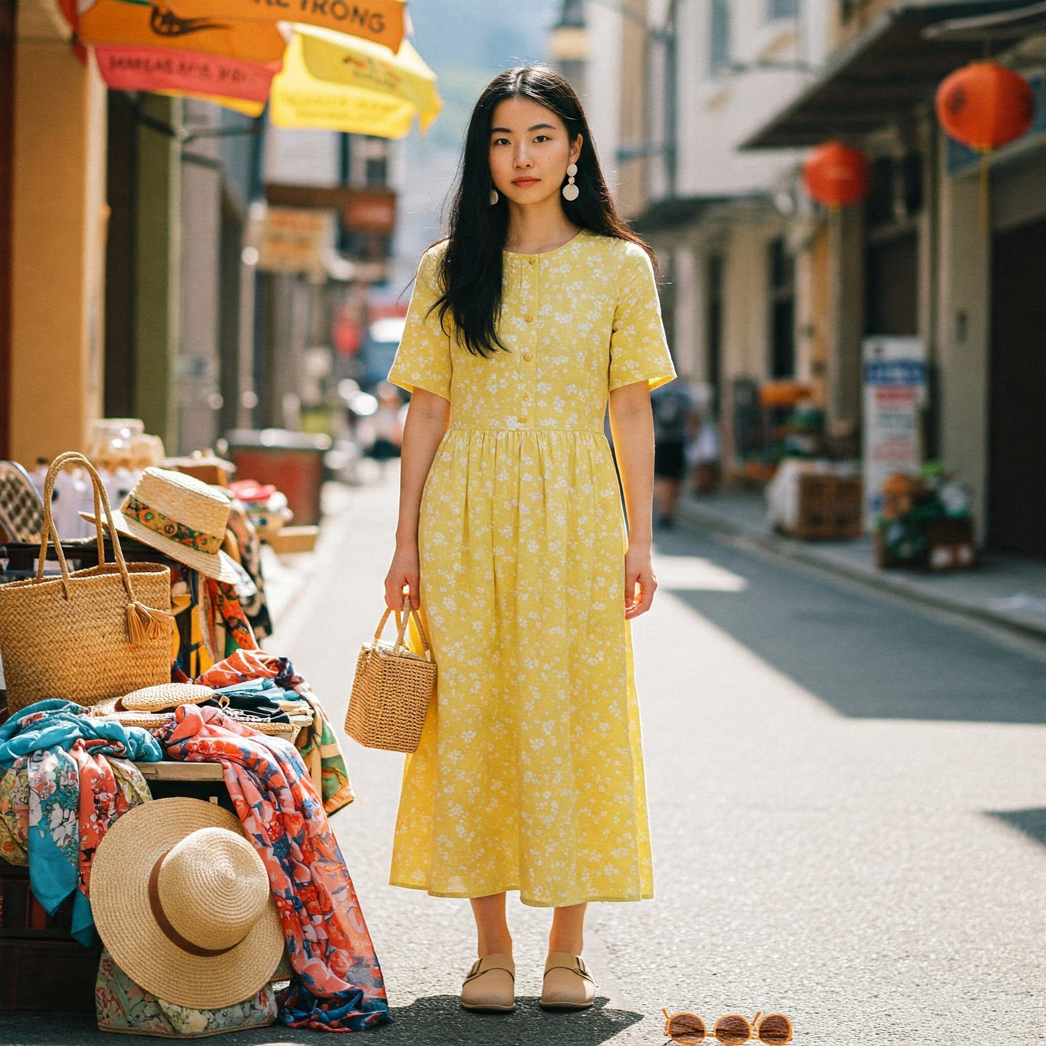 Đầm Maxi Linen Vàng Họa Tiết Hoa