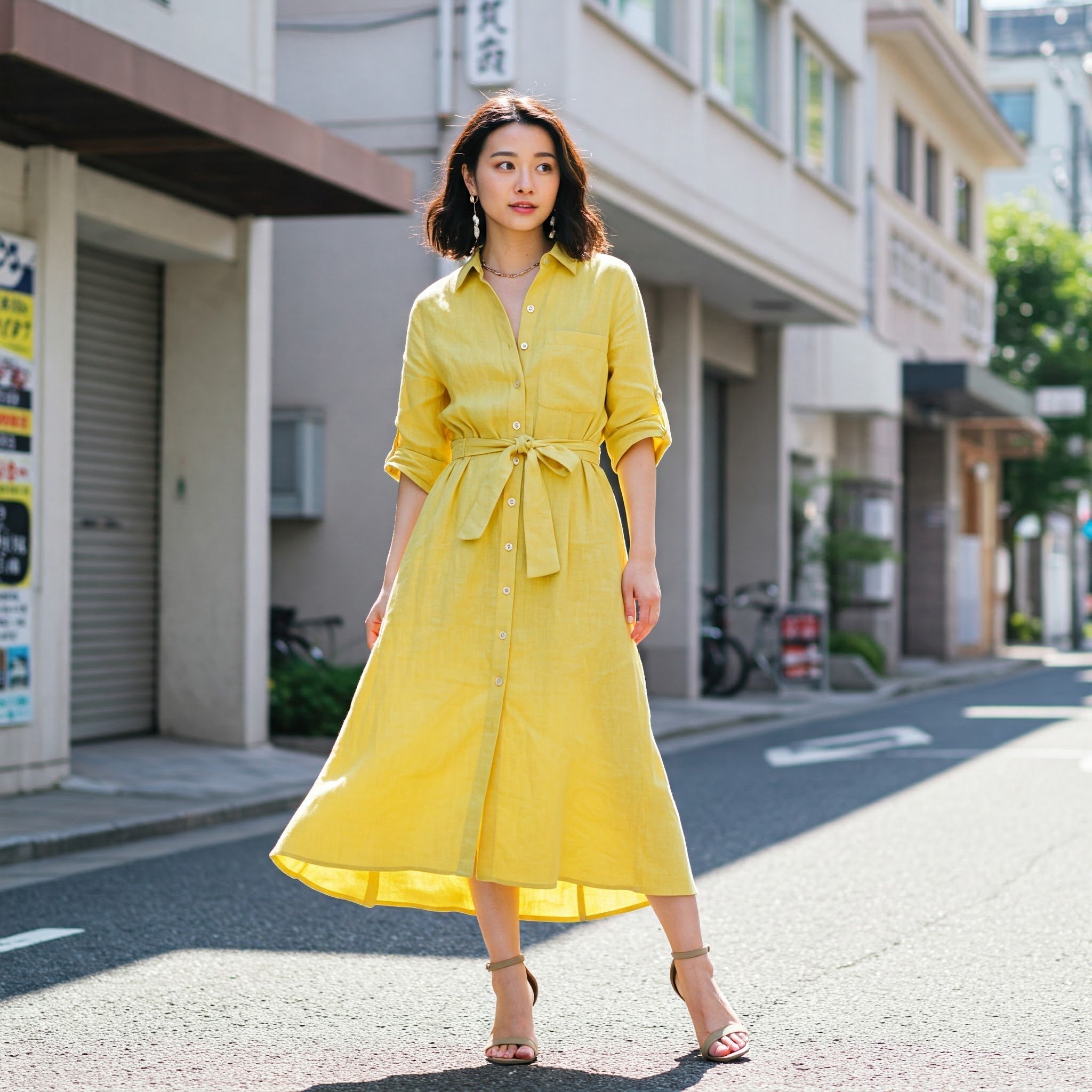 Đầm Linen Vàng Sơ Mi Cài Nút