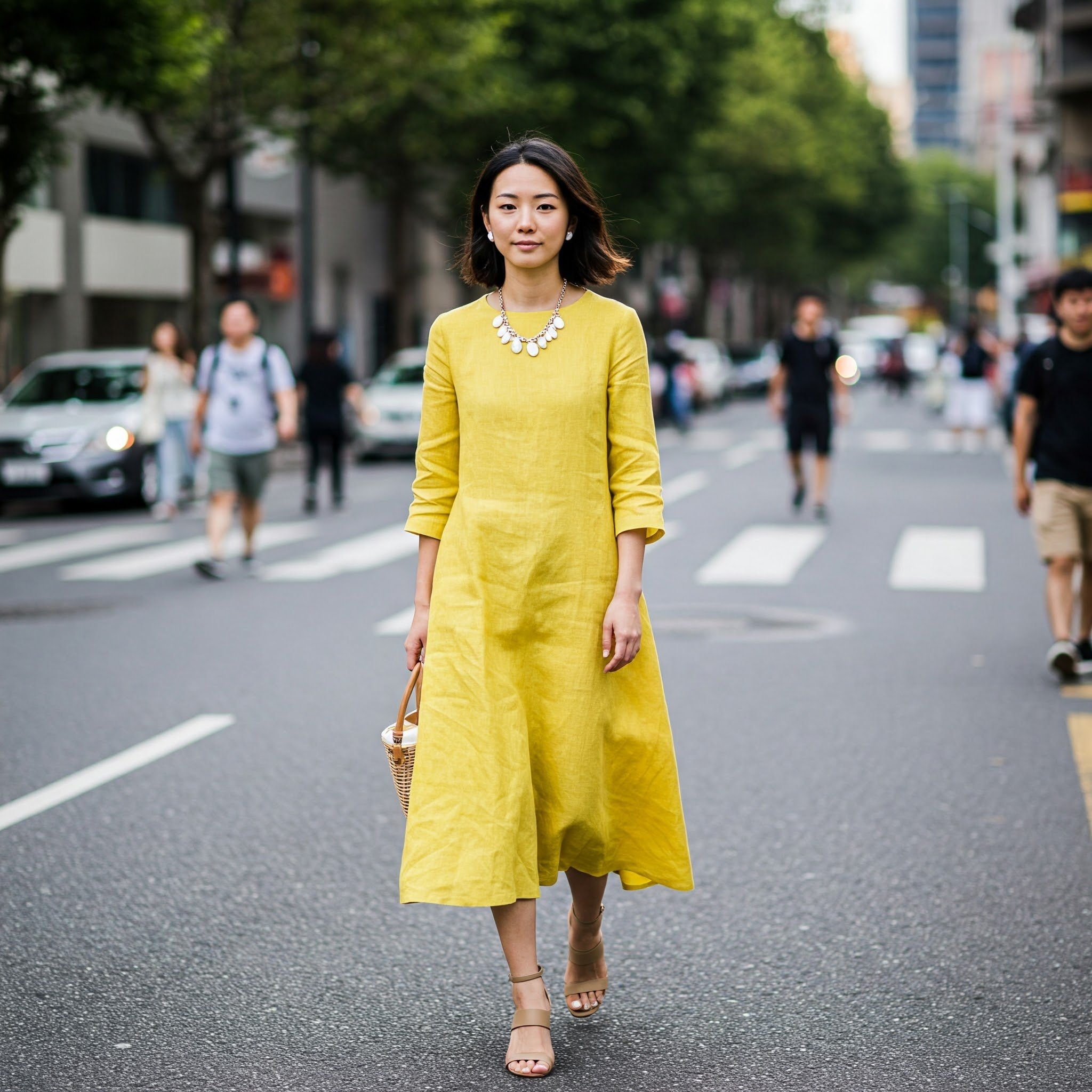 Đầm Linen Vàng Chữ A Tay Lỡ