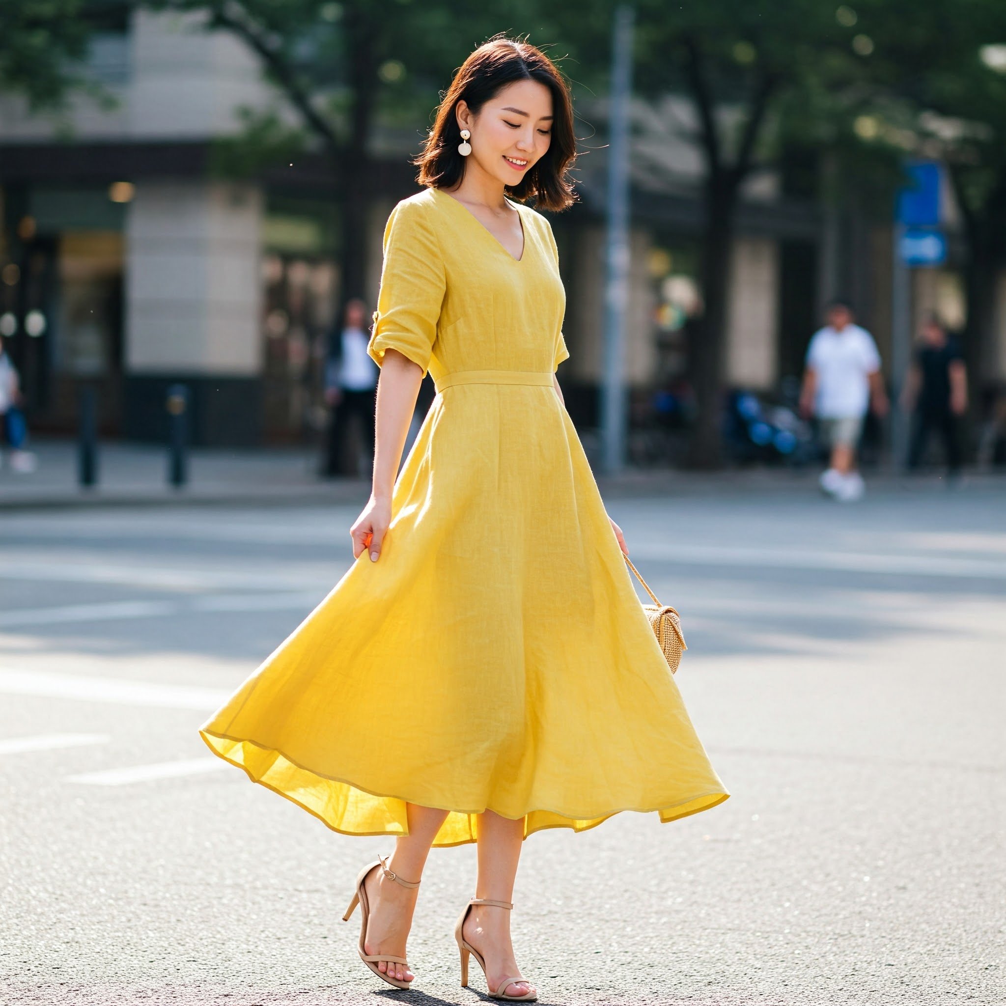 Đầm Linen Vàng Xòe Cổ V