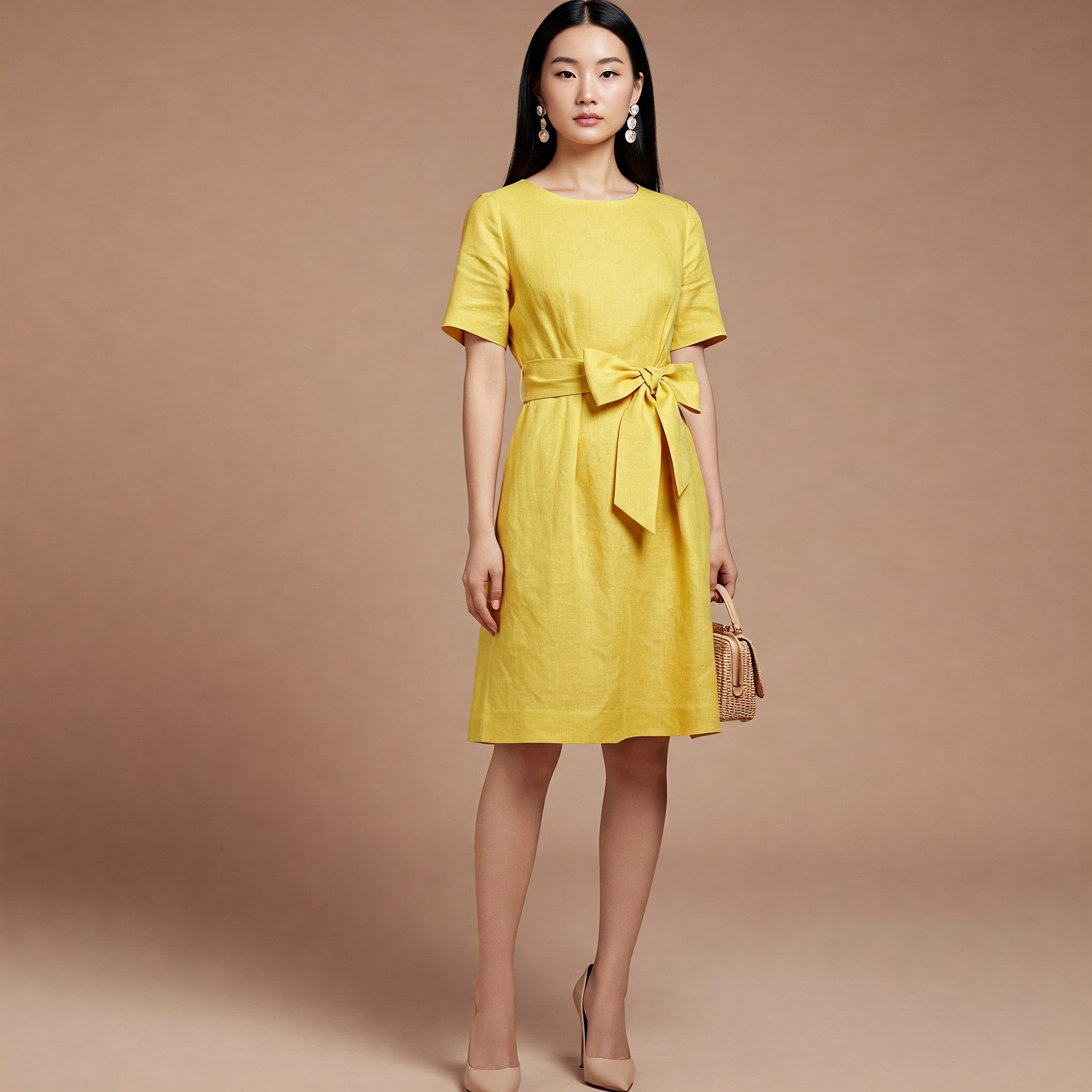 Đầm Linen Vàng Thắt Nơ Eo