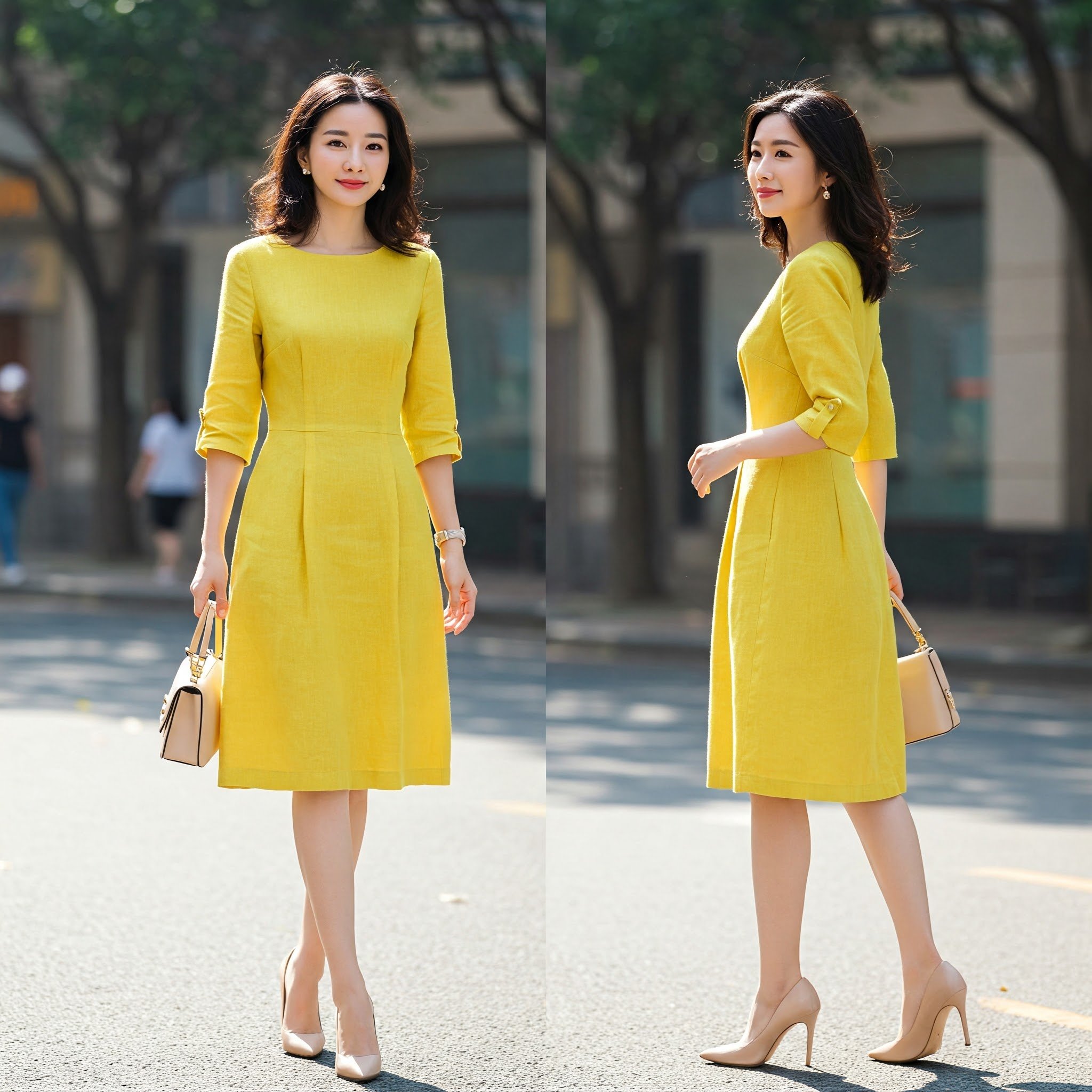 Đầm Linen Vàng Xòe Tay Lỡ