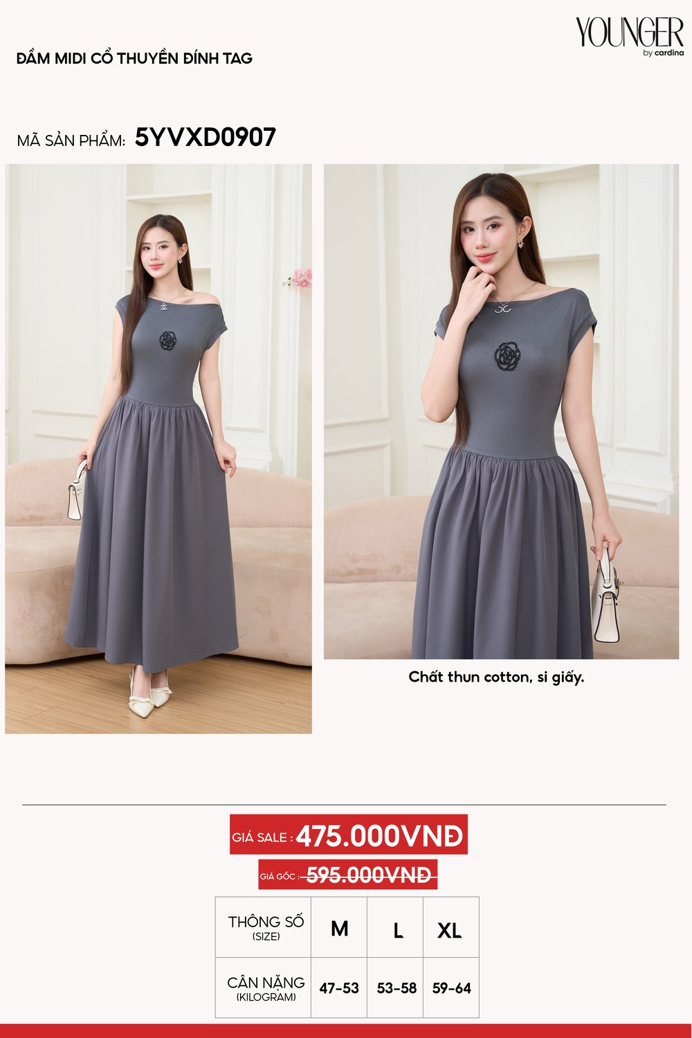 Đầm midi cổ thuyền đính tag