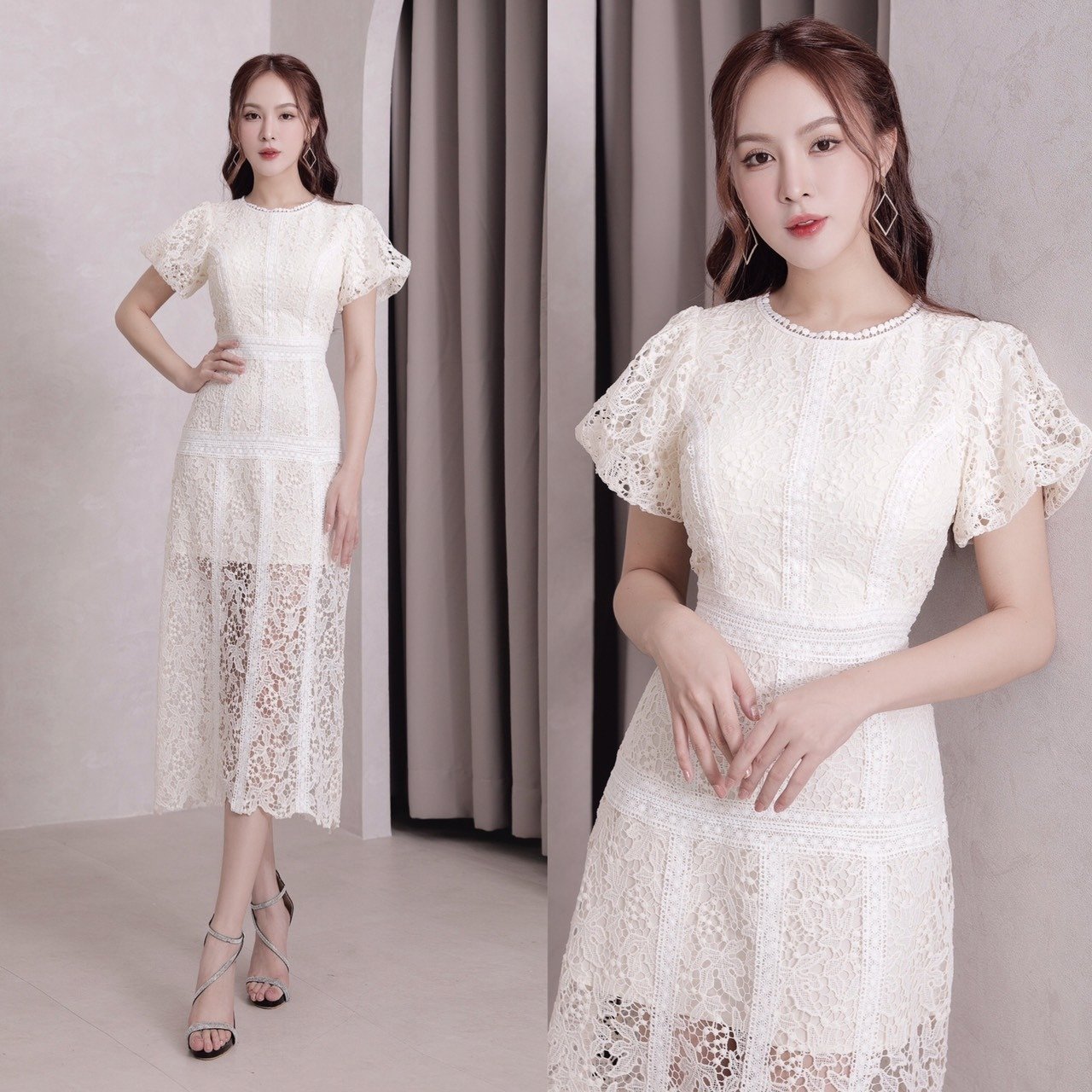 Đầm ren trắng dáng suông tay phồng cổ tròn duyên dáng