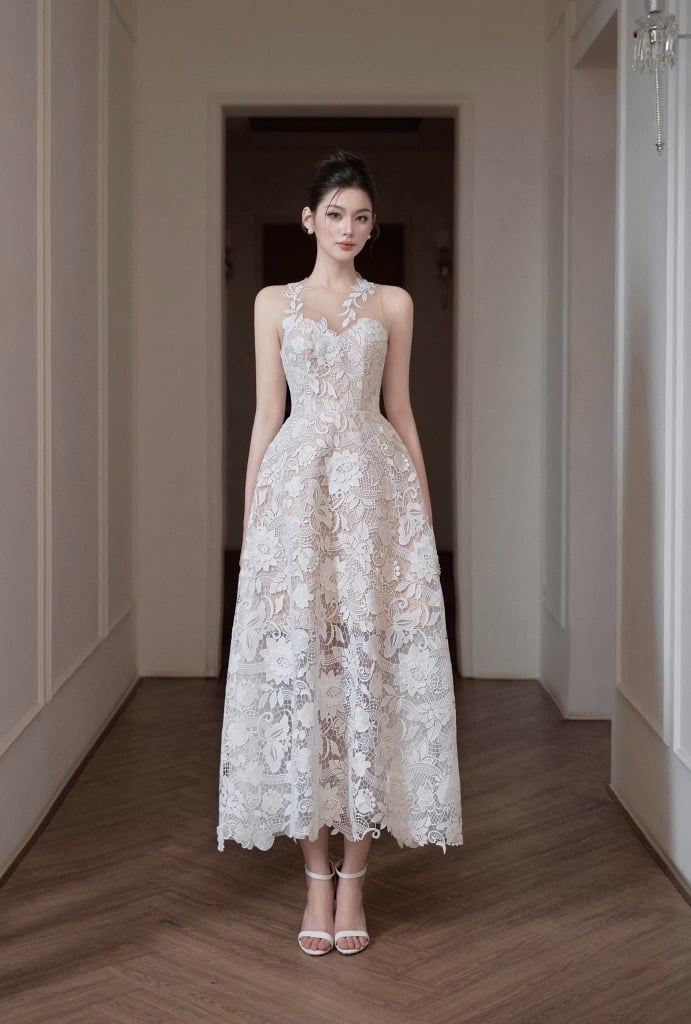 Đầm Xòe Midi Ren Cao Cấp Sang Trọng