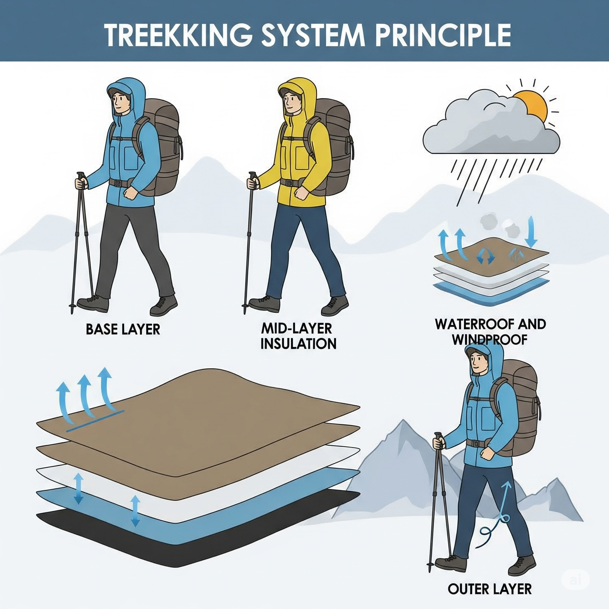 Nguyên tắc lựa chọn quần áo đi trekking: Hệ thống trang phục 3 lớp (Layering System)