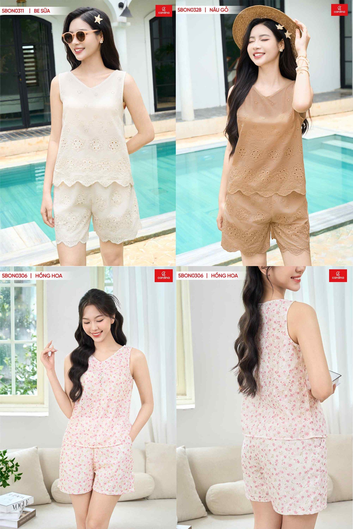 Bộ Đồ Mặc Nhà Nữ Cardina Dáng Thô Thêu Hoa Vải Thô Thêu
