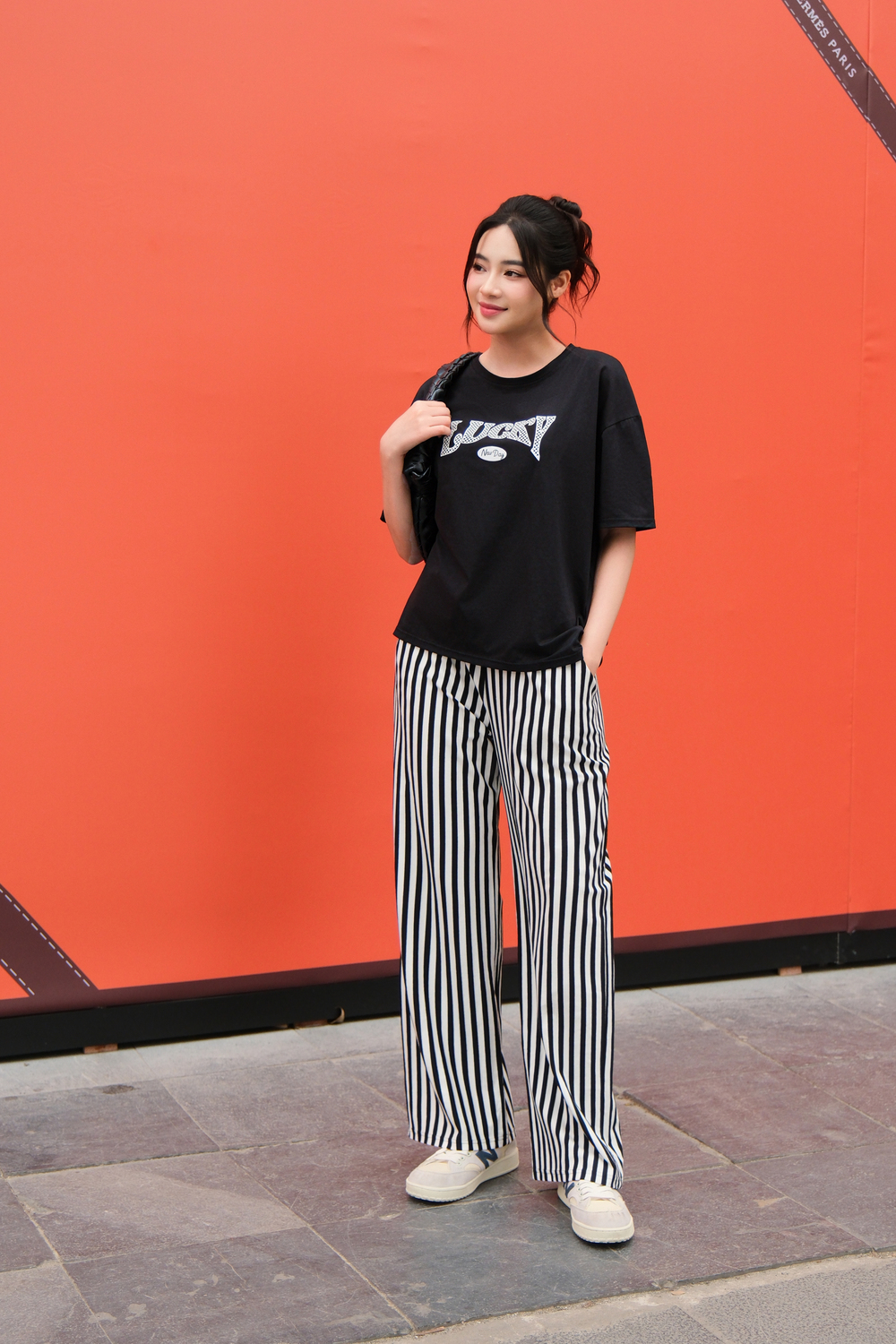 Set cotton tay chờm quần suông kẻ